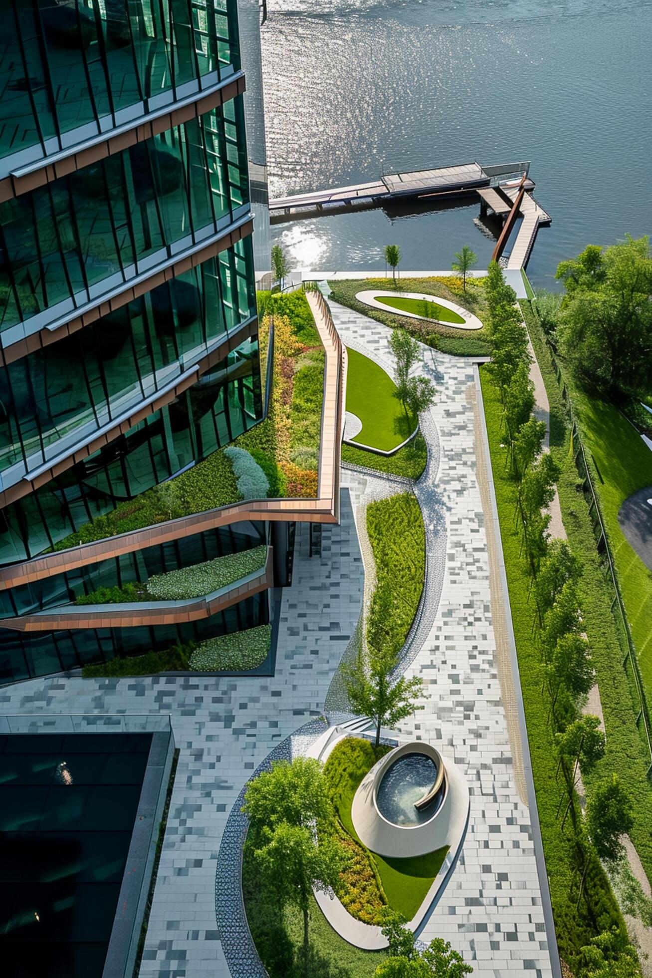 Ai-generated-aerial-view-of-modern-architectural-building-beside-river-surrounding-landscape-building-has-multiple-floors-with-glass-exterior-that-reflects-the-sky-ai-generated-free-photo