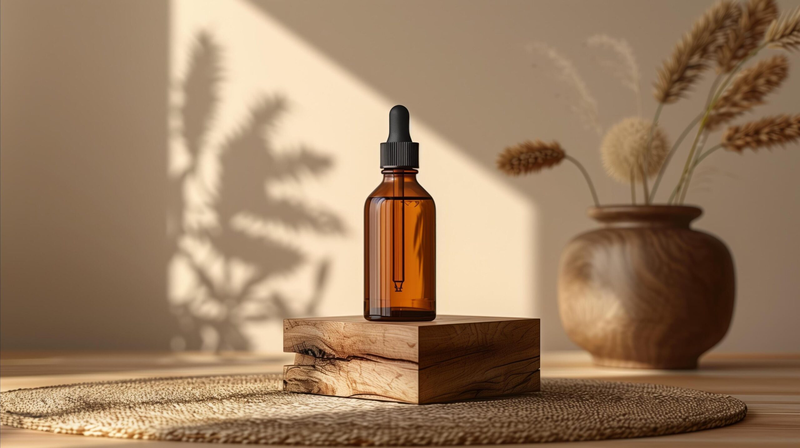 Ai-generated-amber-glass-dropper-bottle-on-wooden-pedestal-with-shadows-free-photo
