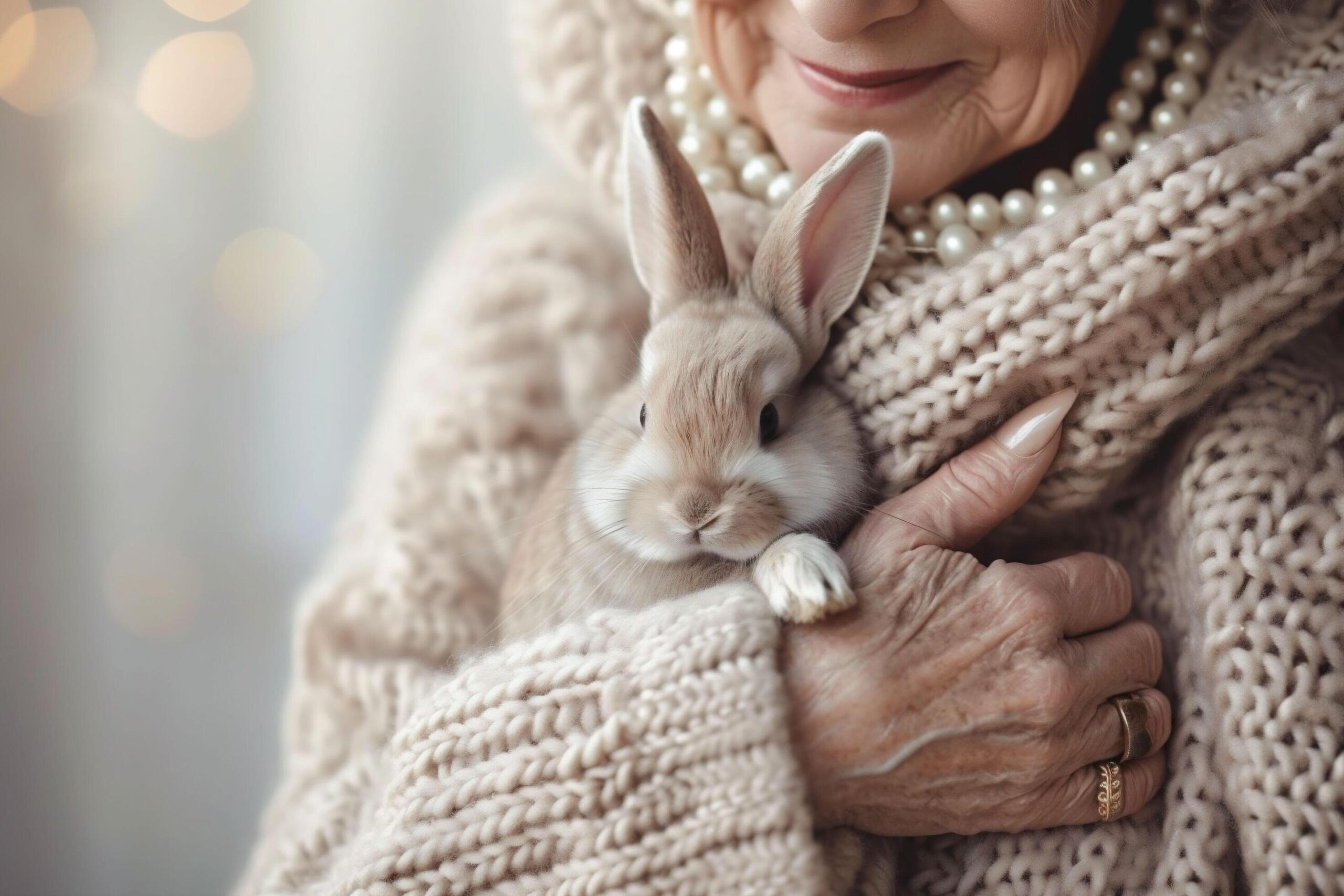 Ai-generated-an-elderly-woman-cradles-a-bunny-against-her-chunky-knit-sweater-with-a-backdrop-of-soft-bokeh-lights-warmth-and-care-perfect-for-themes-of-companionship-and-gentle-aging-free-photo