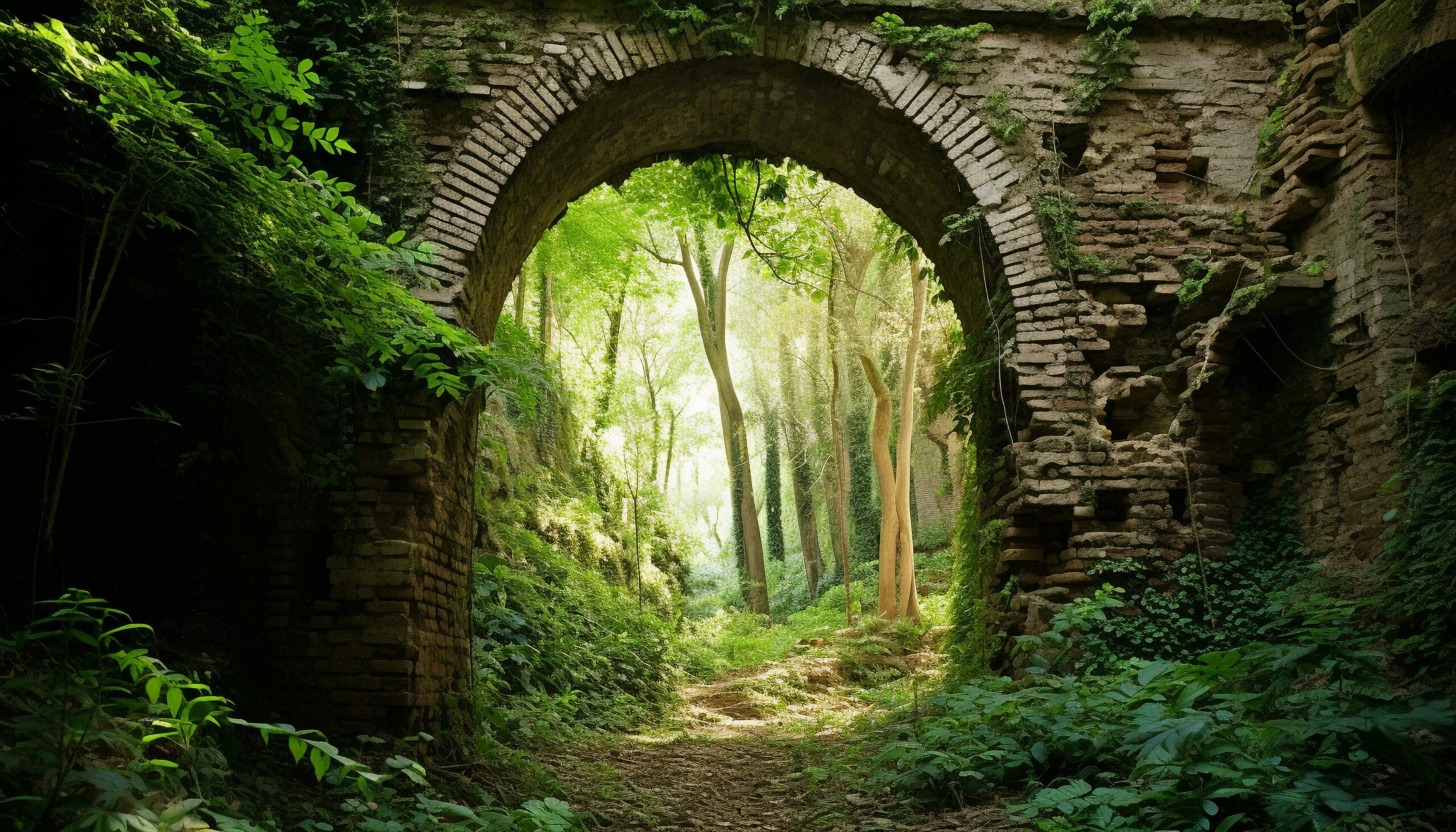 Ai-generated-ancient-stone-bridge-connects-nature-green-forest-generated-by-ai-free-photo