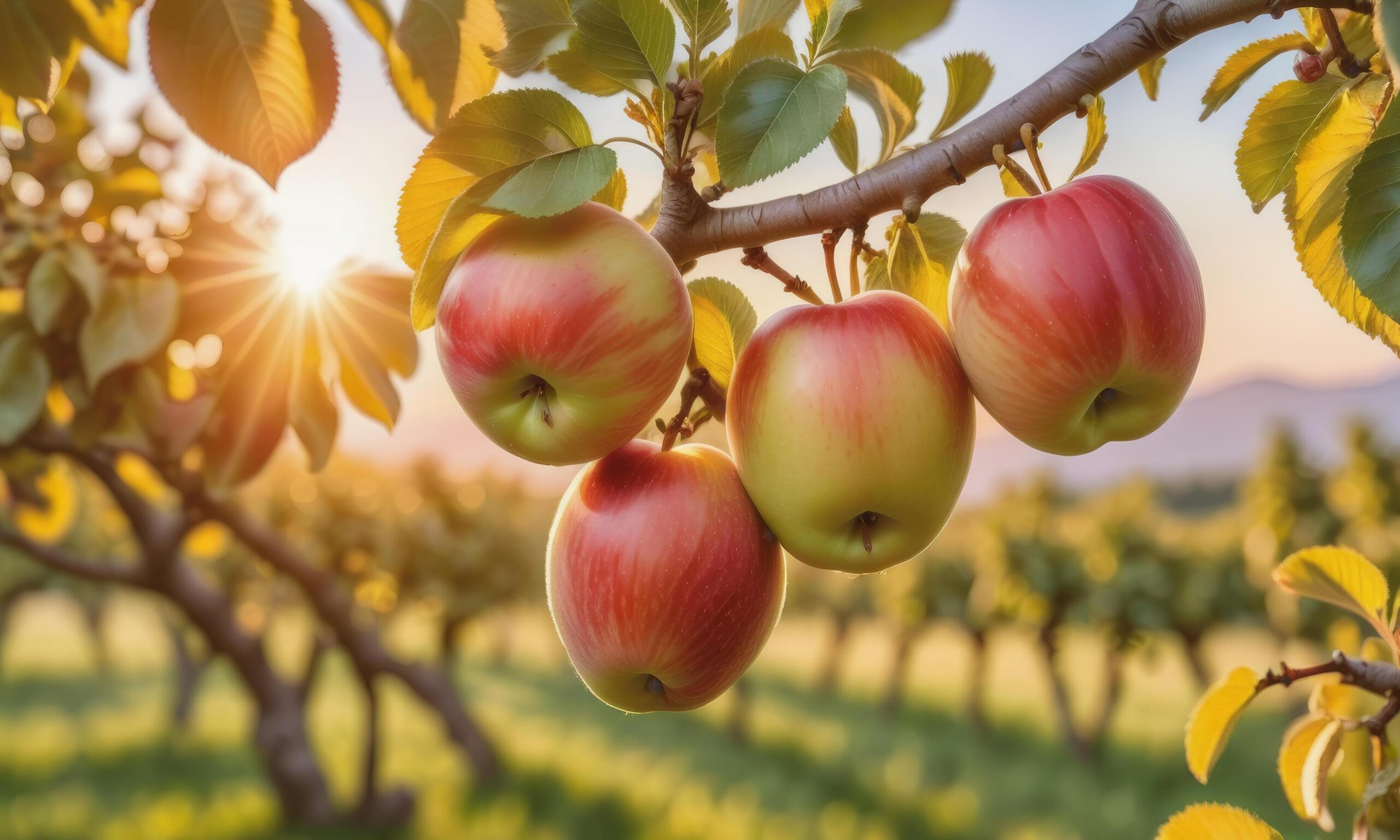 Ai-generated-apple-on-a-tree-branch-in-the-garden-at-sunset-free-photo
