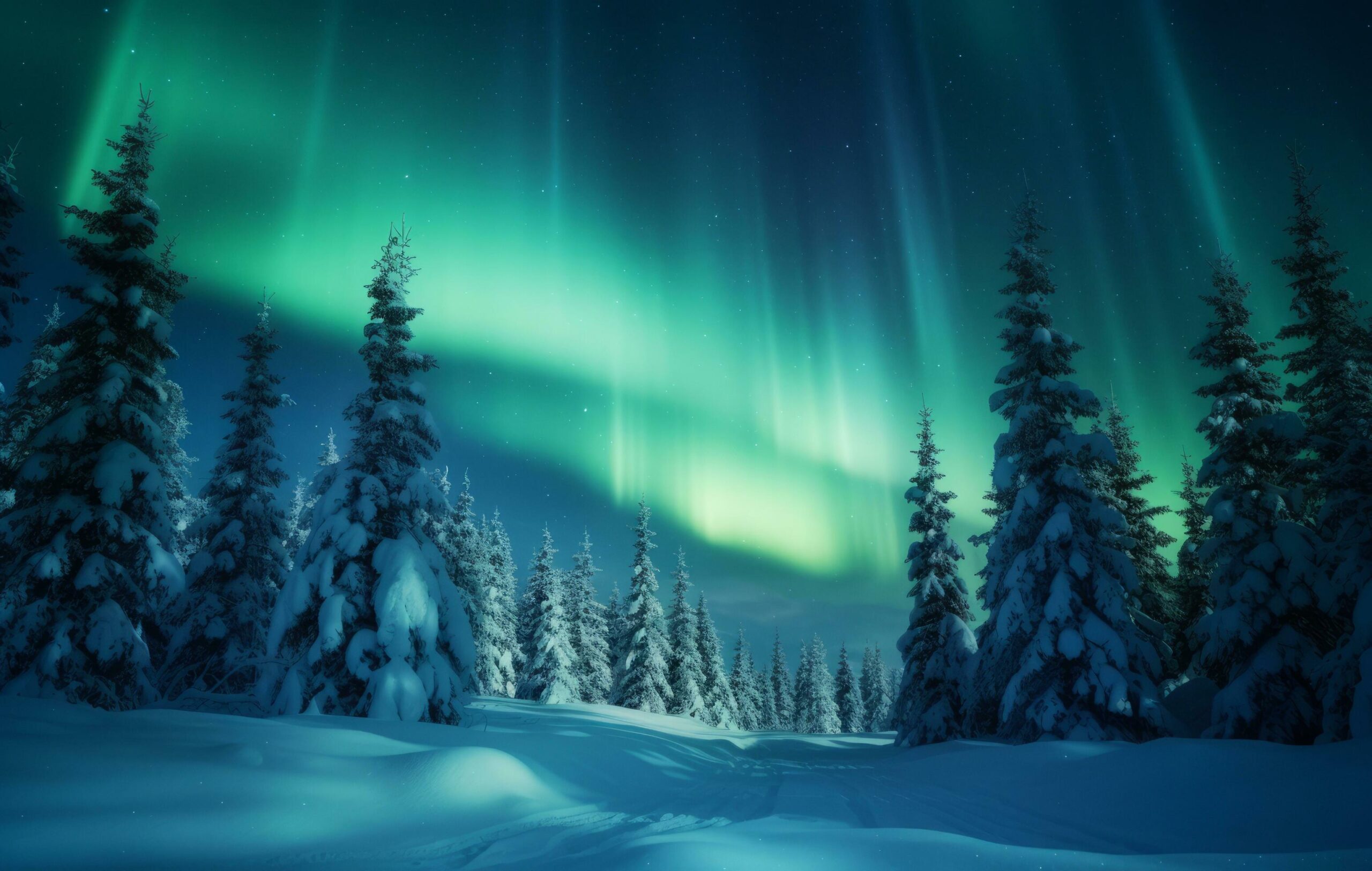 Ai-generated-aurora-borealis-in-winter-with-a-snow-covered-forest-free-photo