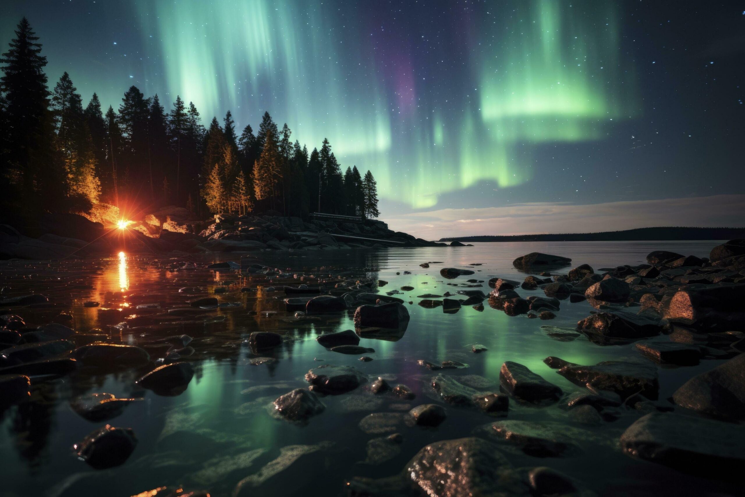 Ai-generated-aurora-borealis-with-lake-and-forest-generative-ai-free-photo