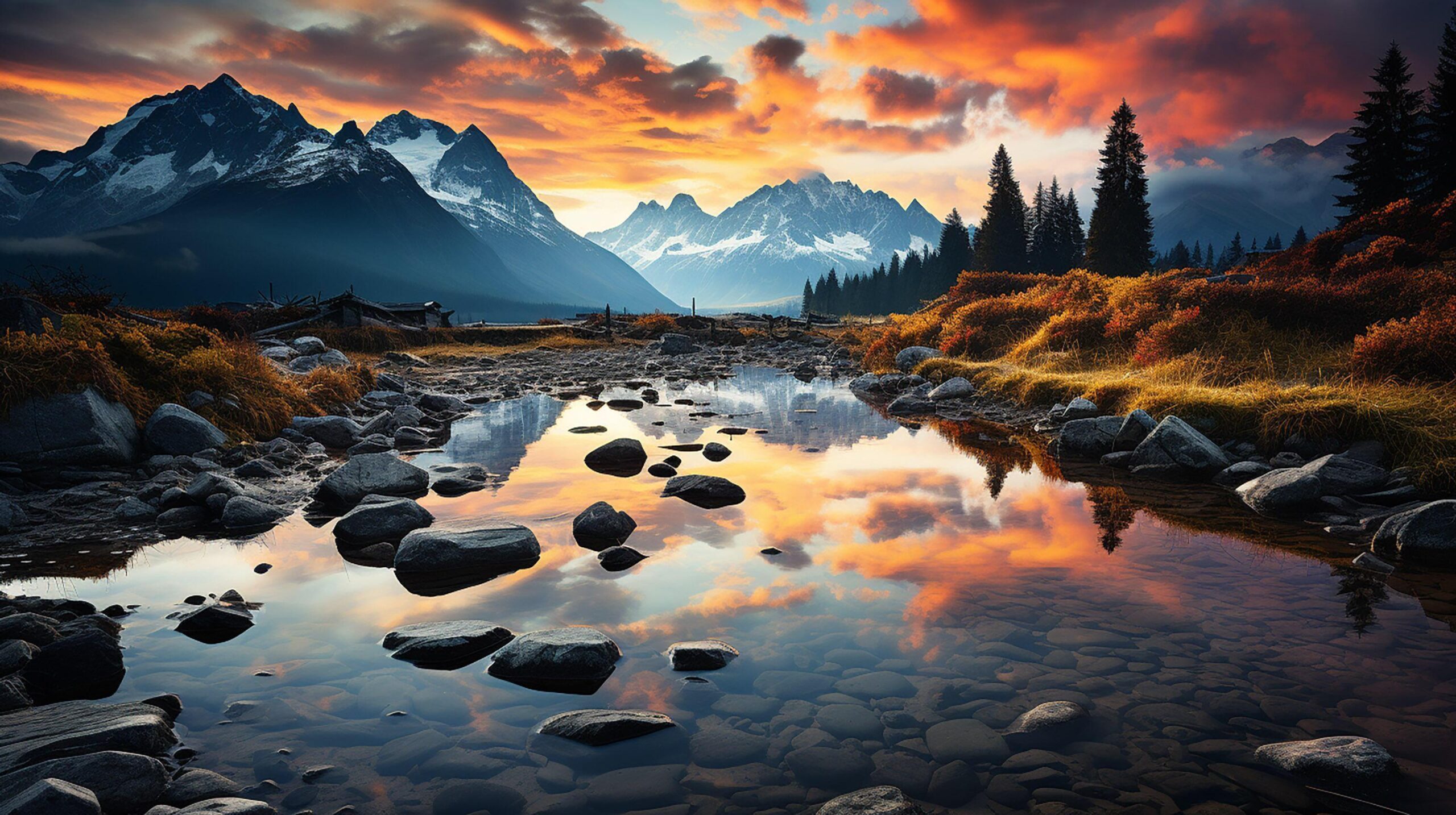 Ai-generated-awesome-nature-landscape-beautiful-scene-with-high-tatra-mountain-peaks-stones-in-mountain-lake-calm-lake-water-reflection-colorful-sunset-sky-free-photo