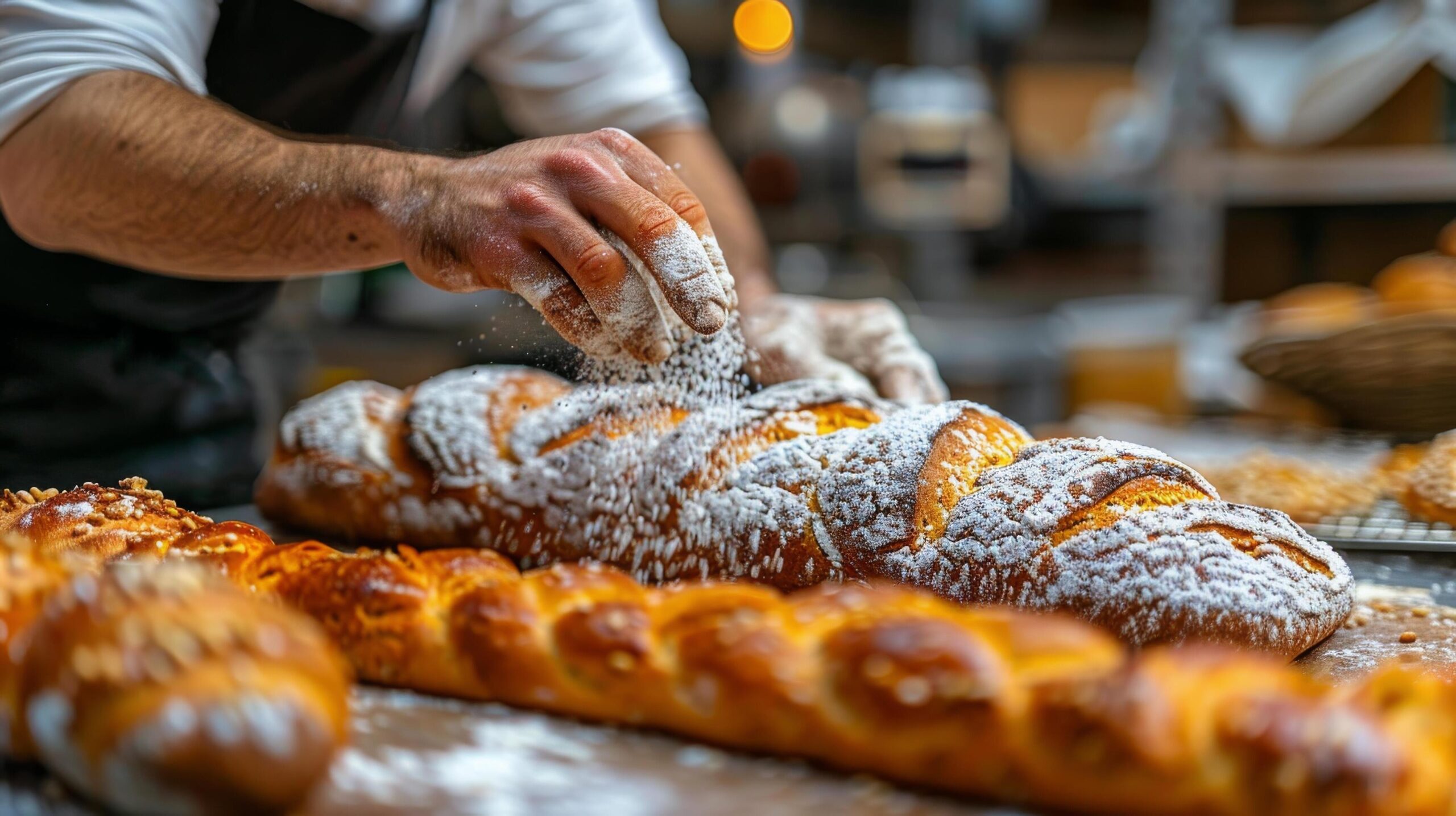 Ai-generated-baker-dusting-powdered-sugar-on-loaf-of-bread-free-photo