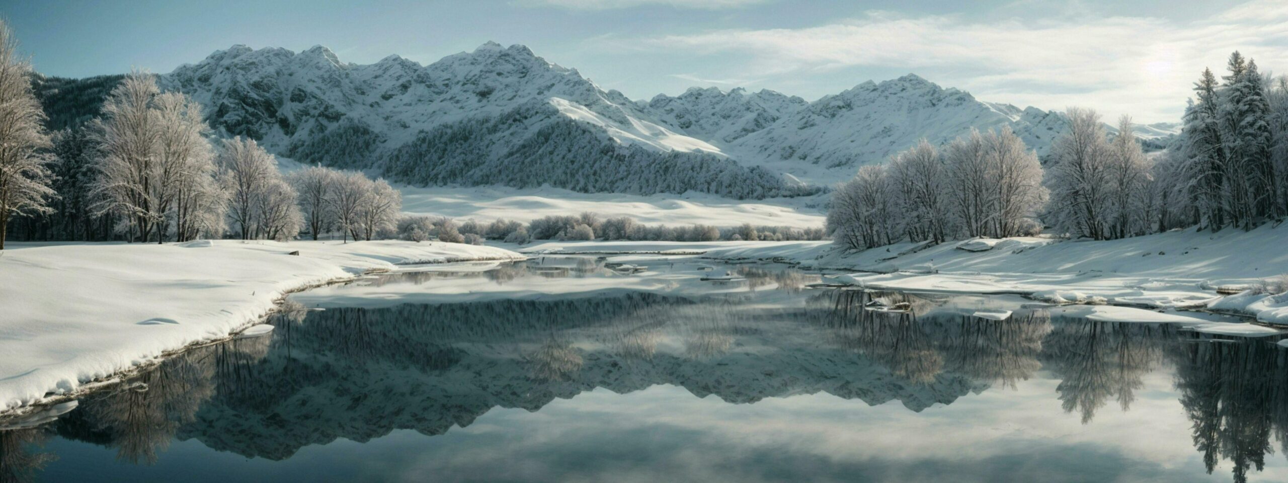 Ai-generated-banner-winter-nature-the-crisp-reflections-of-snow-covered-trees-and-mountains-on-calm-cold-waters-to-evoke-a-sense-of-peaceful-winter-magic-free-photo