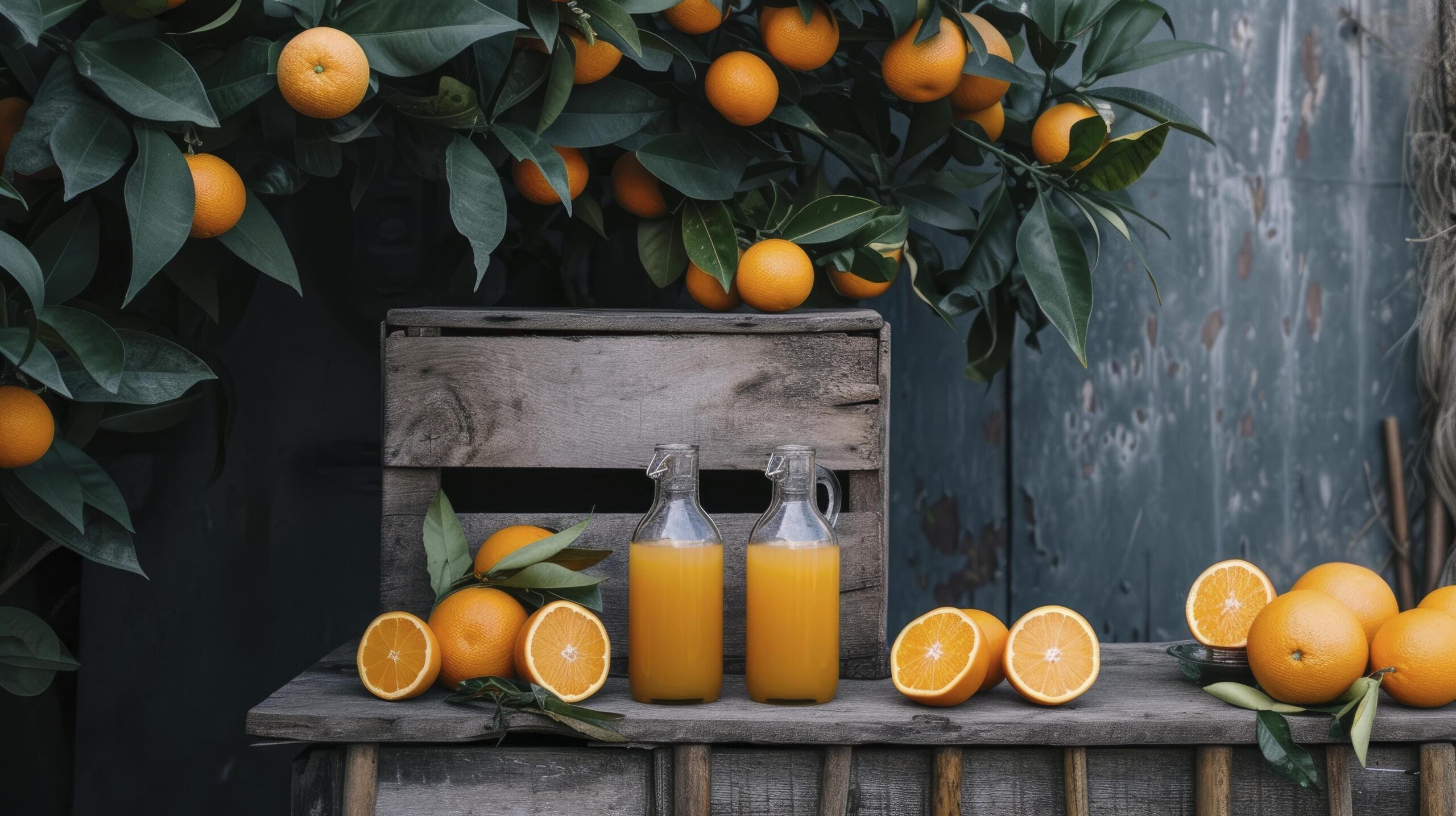Ai-generated-battle-of-orange-juice-next-to-a-tree-with-oranges-on-it-free-photo
