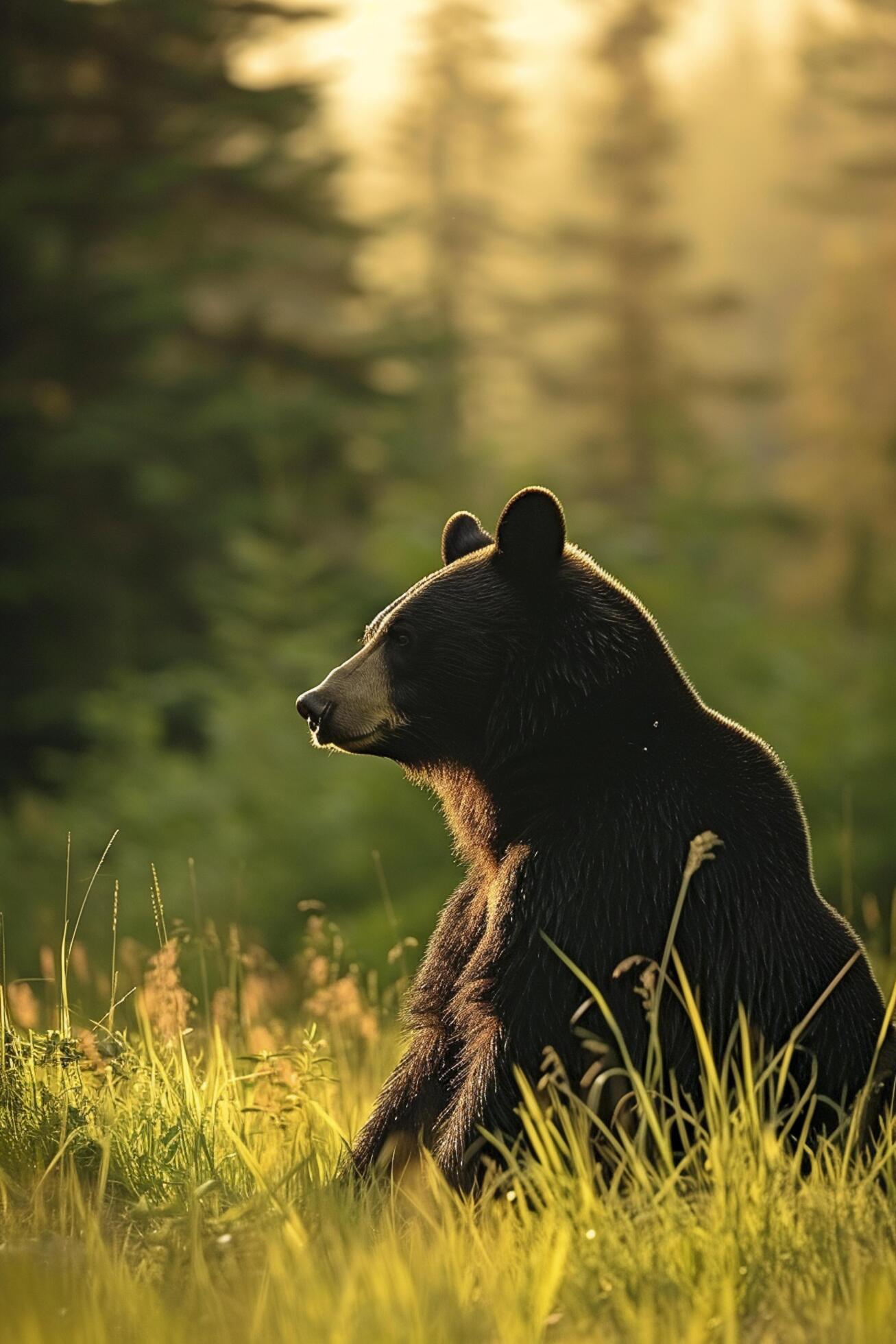 Ai-generated-bear-sitting-amidst-tall-grass-with-a-forest-in-the-background-illuminated-by-the-glow-of-sunlight-ai-generated-free-photo