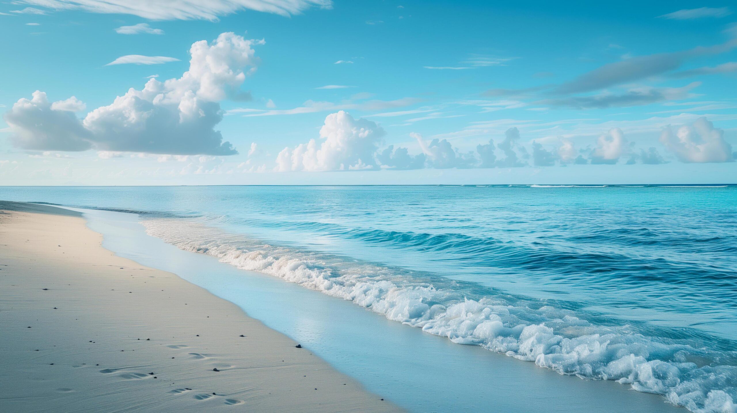 Ai-generated-beautiful-beach-scene-with-blue-sky-and-fluffy-clouds-ideal-for-travel-brochures-vacation-destinations-or-relaxation-themed-designs-free-photo