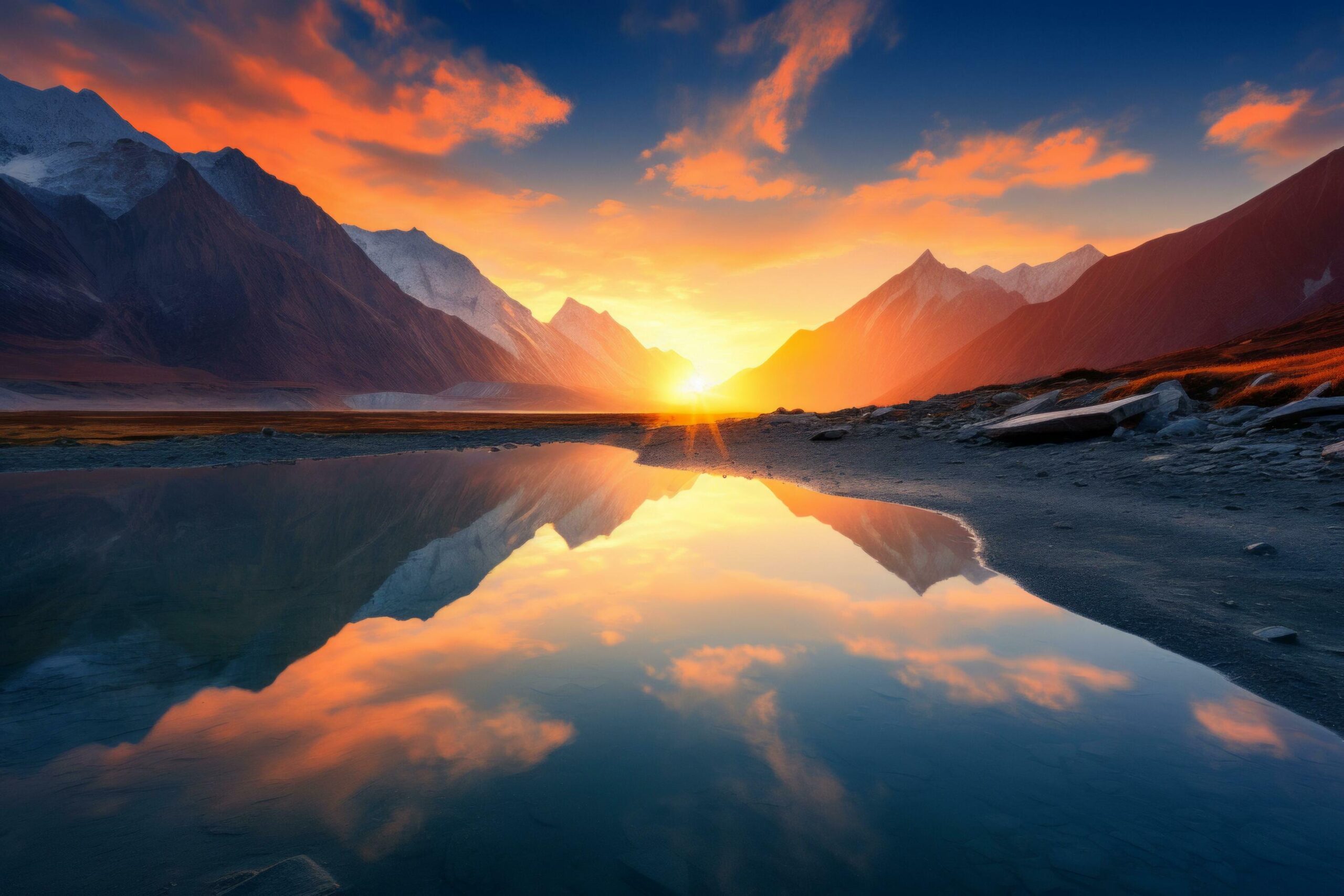 Ai-generated-beautiful-landscape-with-high-mountains-with-illuminated-peaks-stones-in-lake-reflection-free-photo