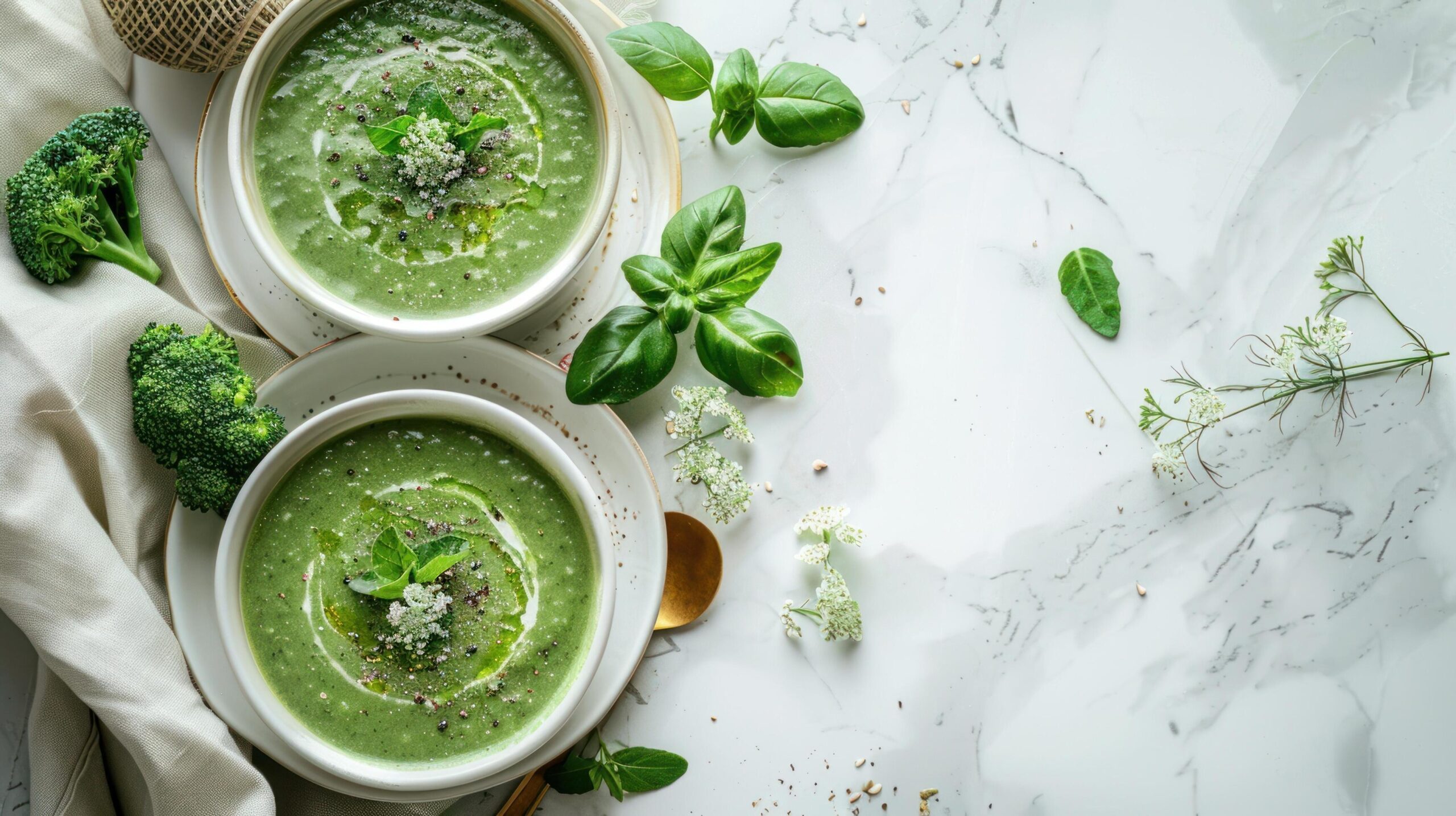 Ai-generated-beautiful-of-broccoli-soup-in-white-plates-on-a-white-marble-table-nearby-lies-a-beautiful-golden-spoon-free-photo