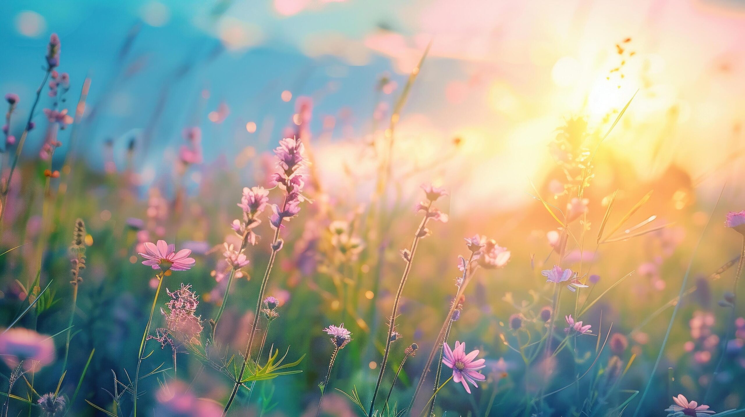 Ai-generated-beautiful-summer-landscape-flowering-grass-on-green-meadow-at-sunrise-with-beautiful-blue-sky-free-photo