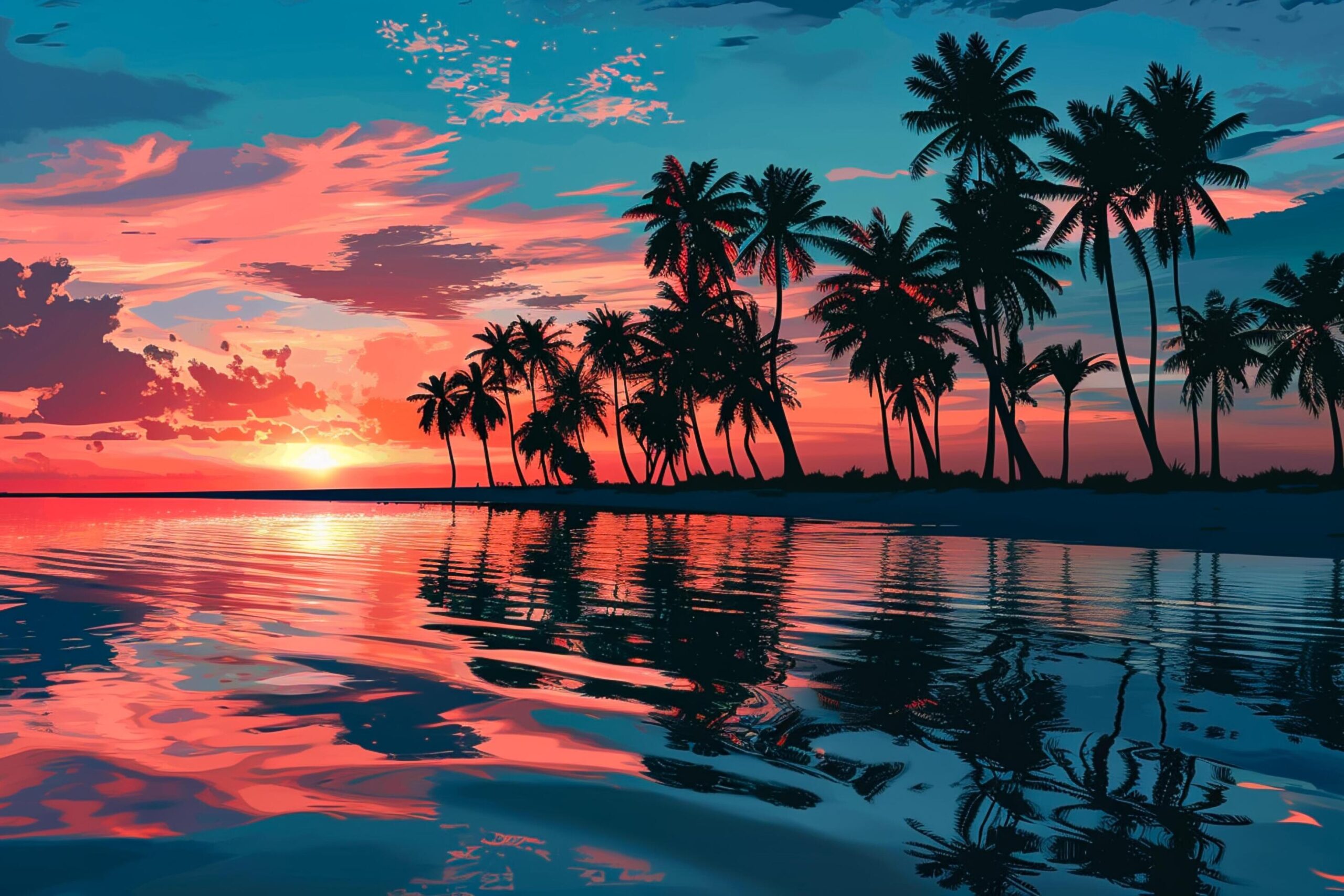 Ai-generated-beautiful-tropical-sunset-at-beach-with-coconut-trees-in-the-style-of-illustration-for-background-elements-poster-ai-generated-free-photo