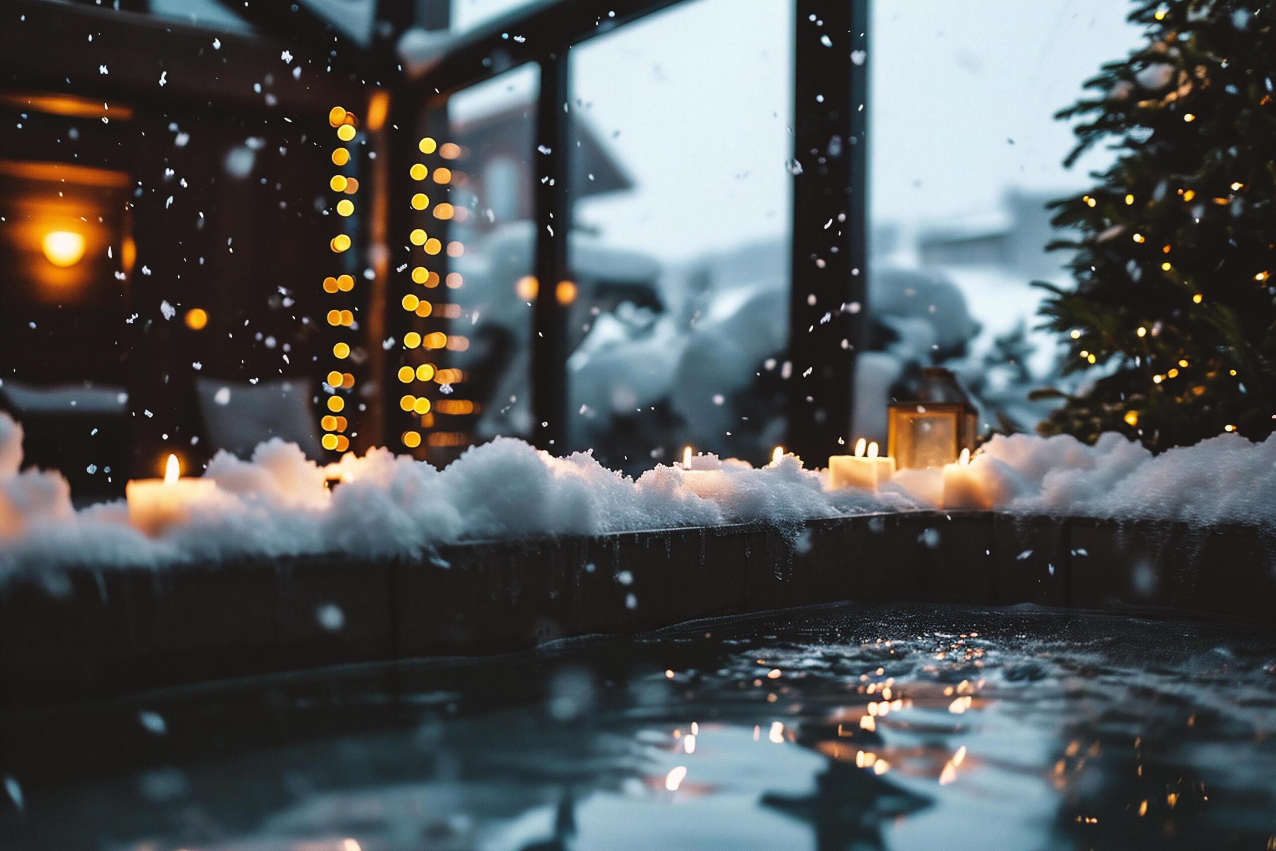 Ai-generated-beautiful-view-of-outdoor-swimming-pool-with-snow-and-christmas-decoration-free-photo