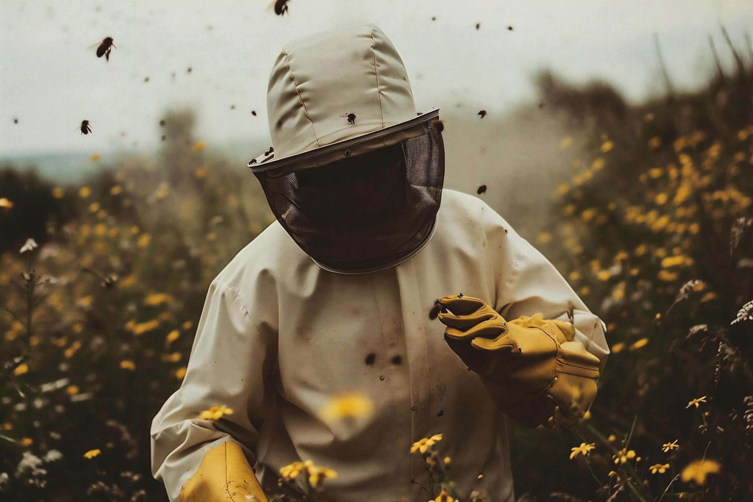 Ai-generated-beekeeper-in-yellow-protective-suit-and-mask-collecting-honey-from-flower-field-free-photo