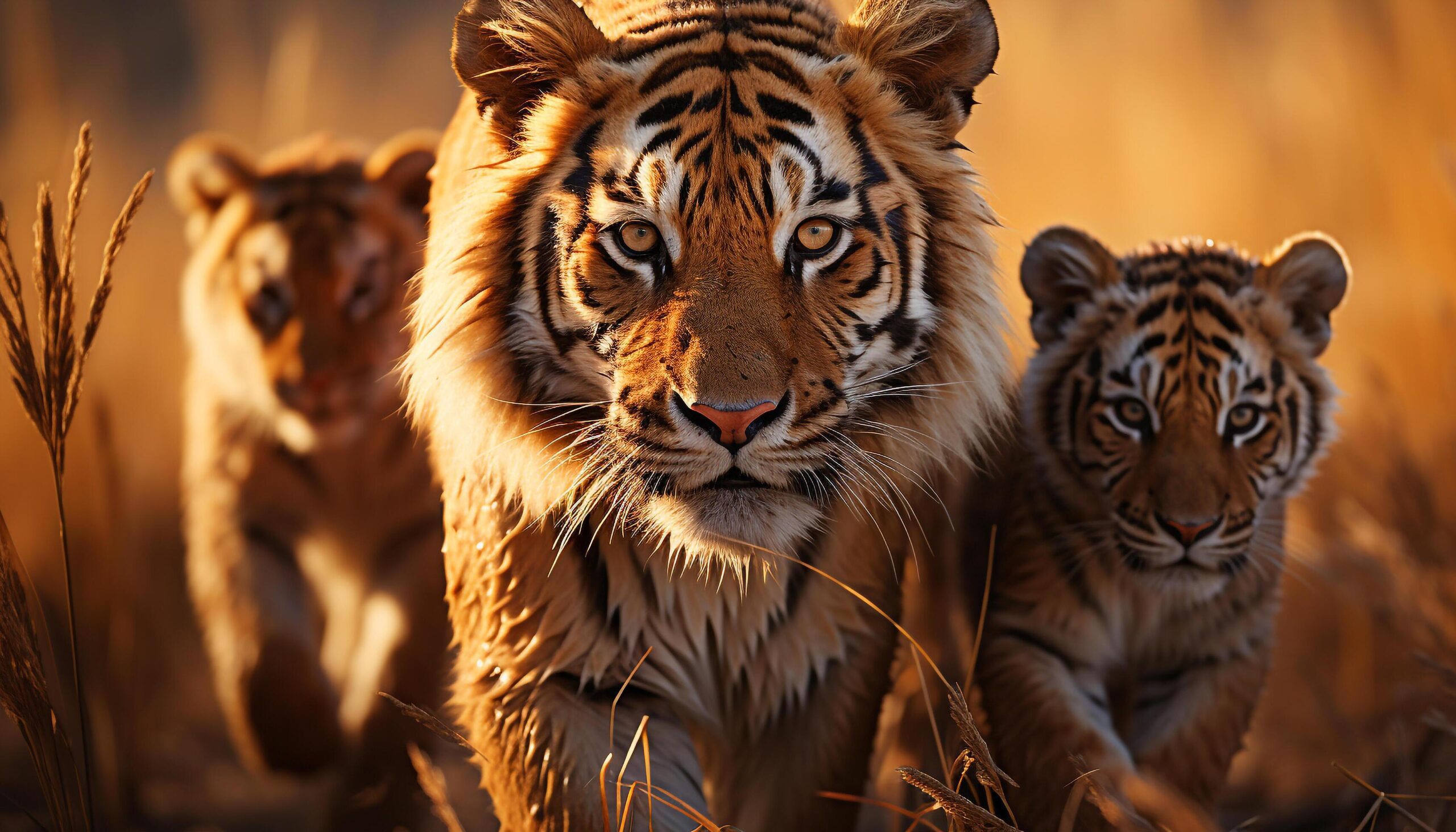 Ai-generated-bengal-tiger-walking-staring-three-cubs-hiding-in-wilderness-generated-by-ai-free-photo