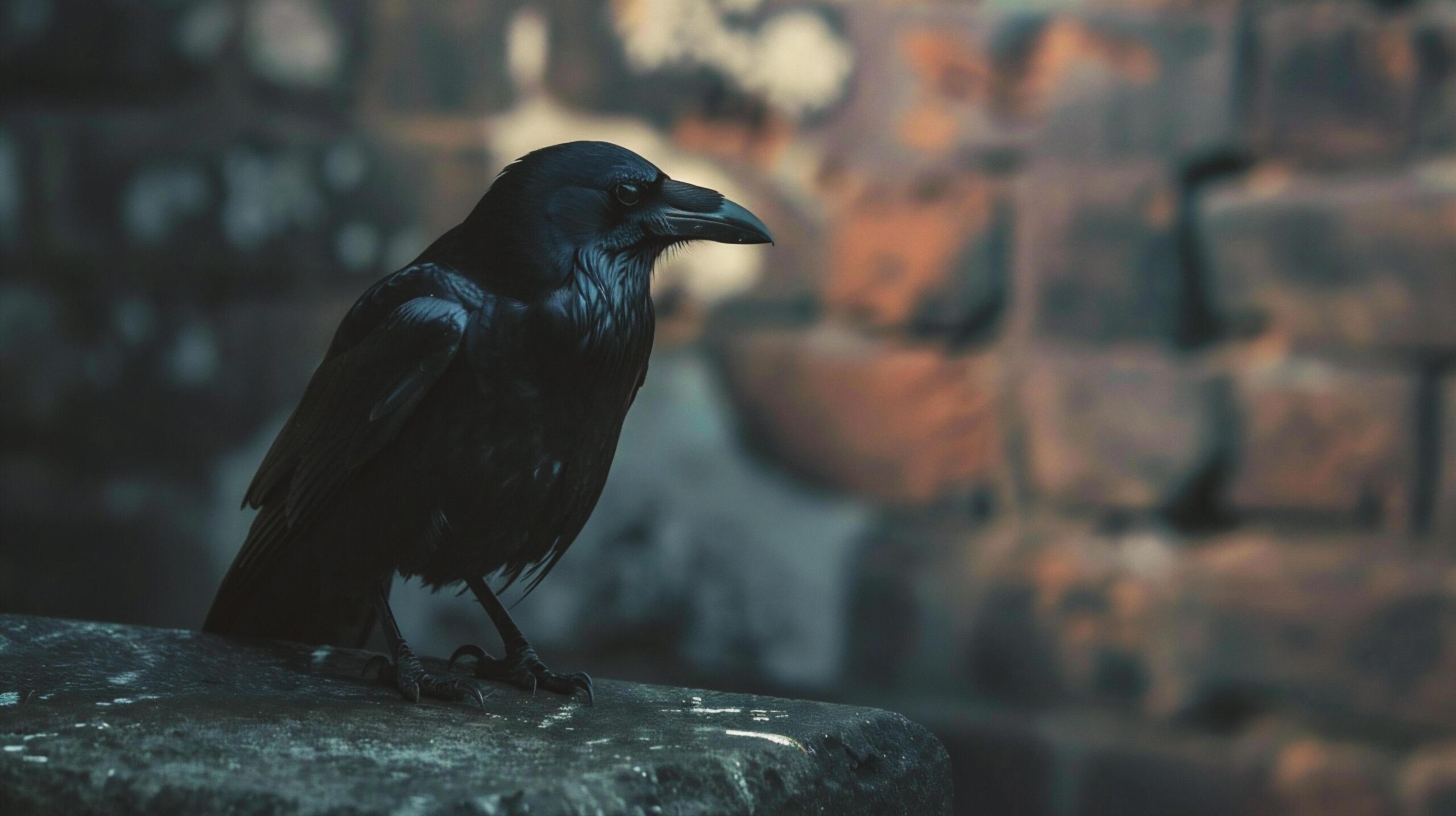 Ai-generated-black-crow-sitting-on-a-stone-in-front-of-a-brick-wall-free-photo