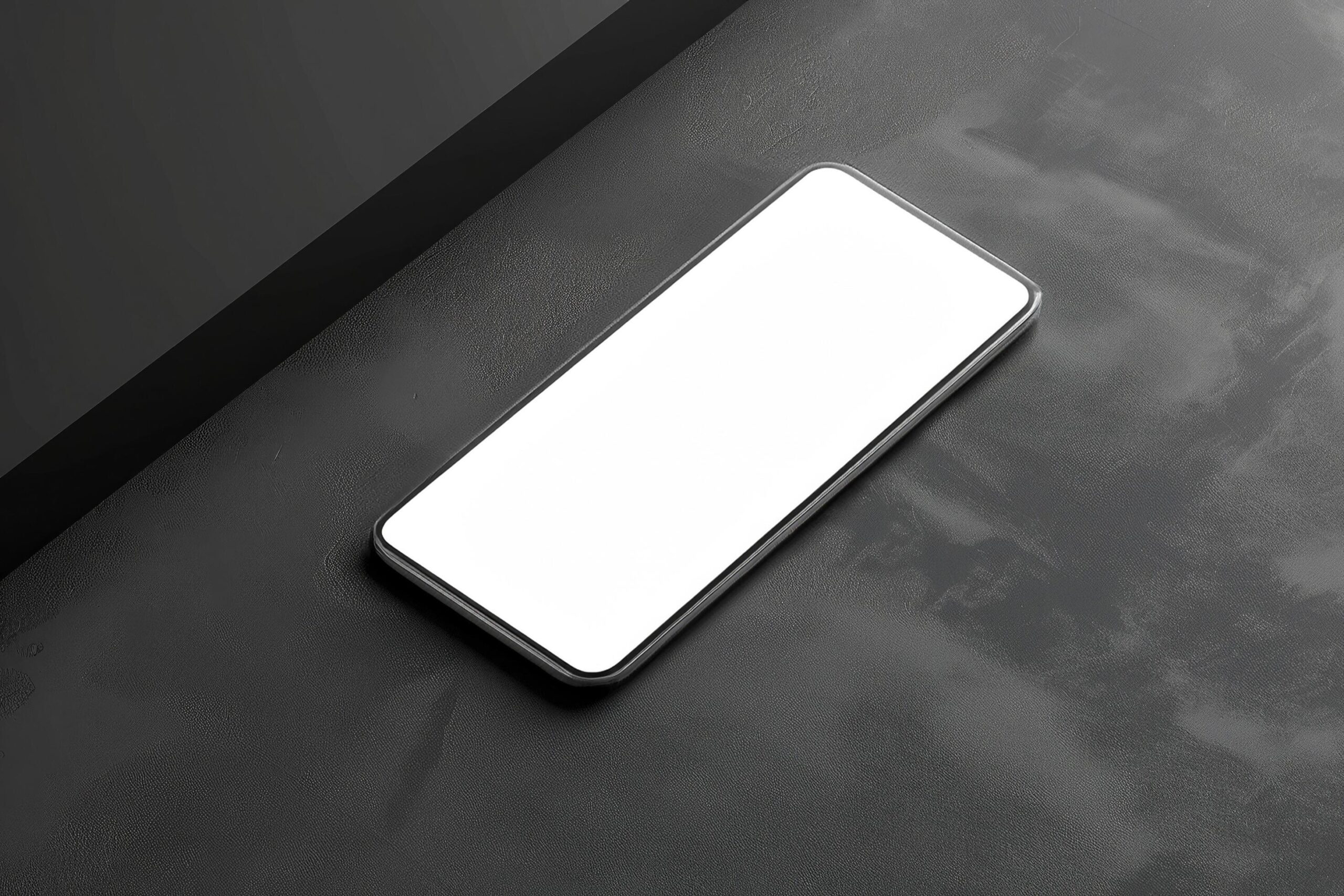 Ai-generated-black-smartphone-with-blank-screen-lying-on-a-textured-dark-surface-angled-for-a-sleek-presentation-free-photo