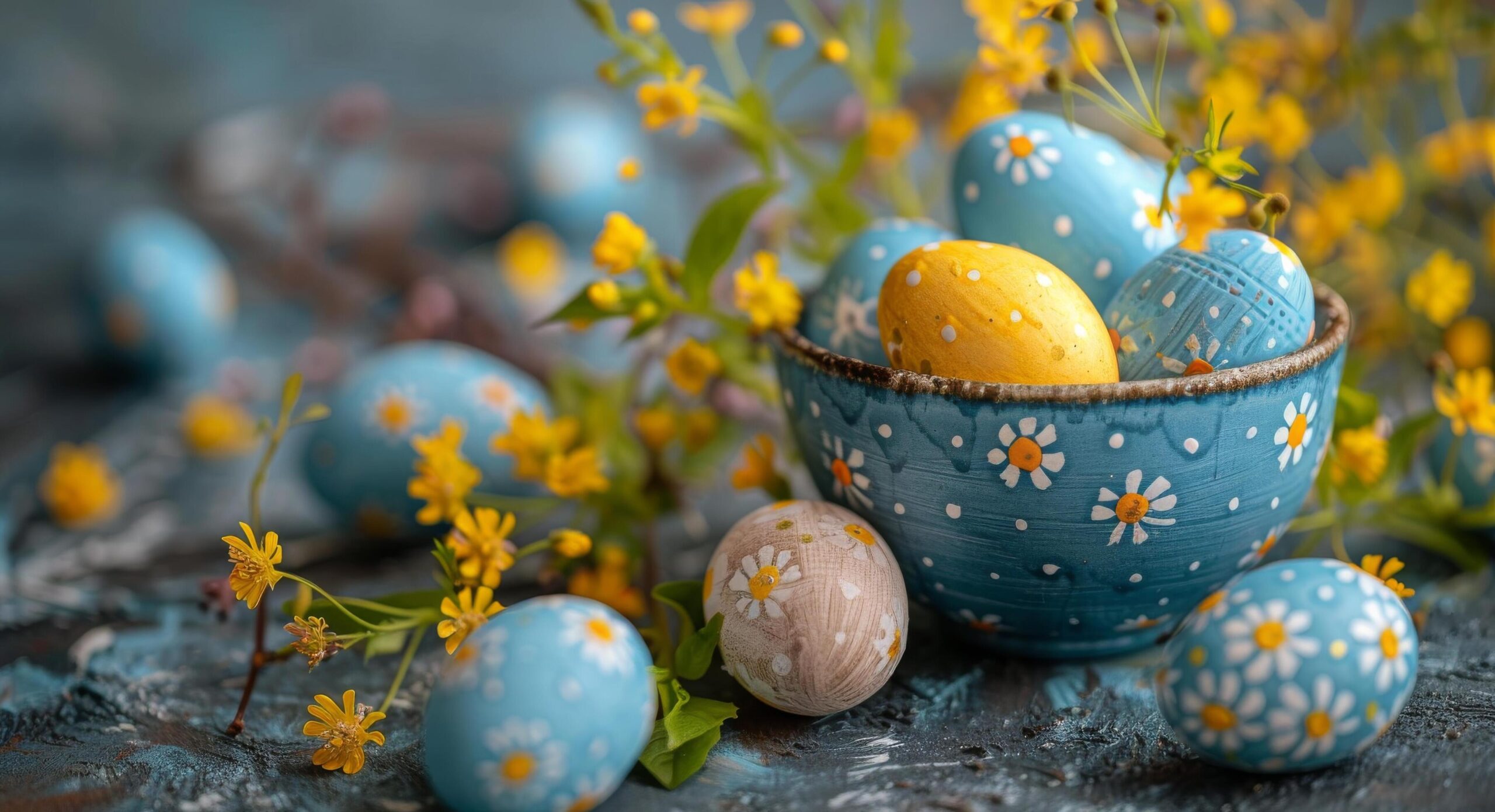 Ai-generated-blue-bowl-filled-with-yellow-painted-eggs-free-photo