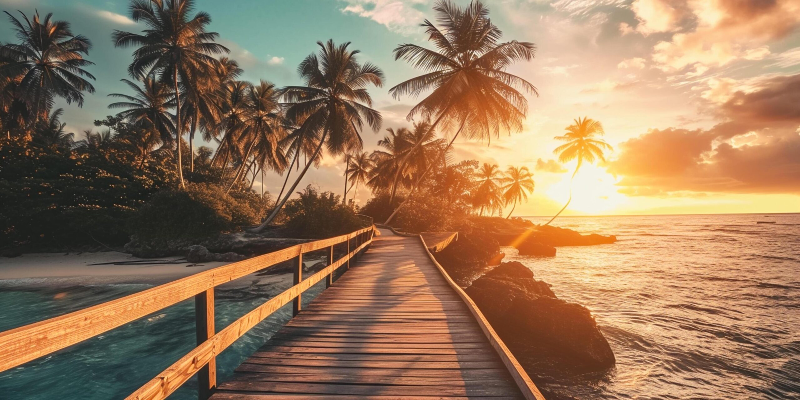 Ai-generated-boardwalk-with-palm-trees-in-tropical-island-at-sunset-in-the-style-of-luxurious-ai-generated-free-photo