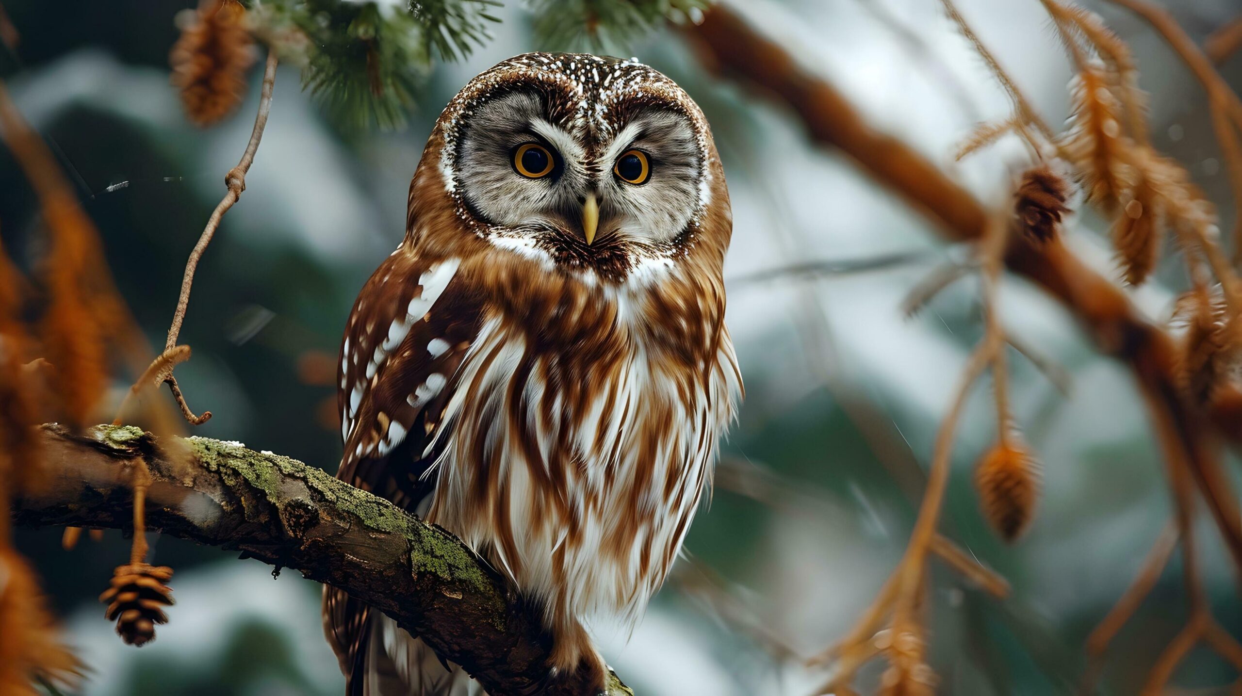 Ai-generated-boreal-owl-in-winter-s-embrace-among-frosted-pines-free-photo