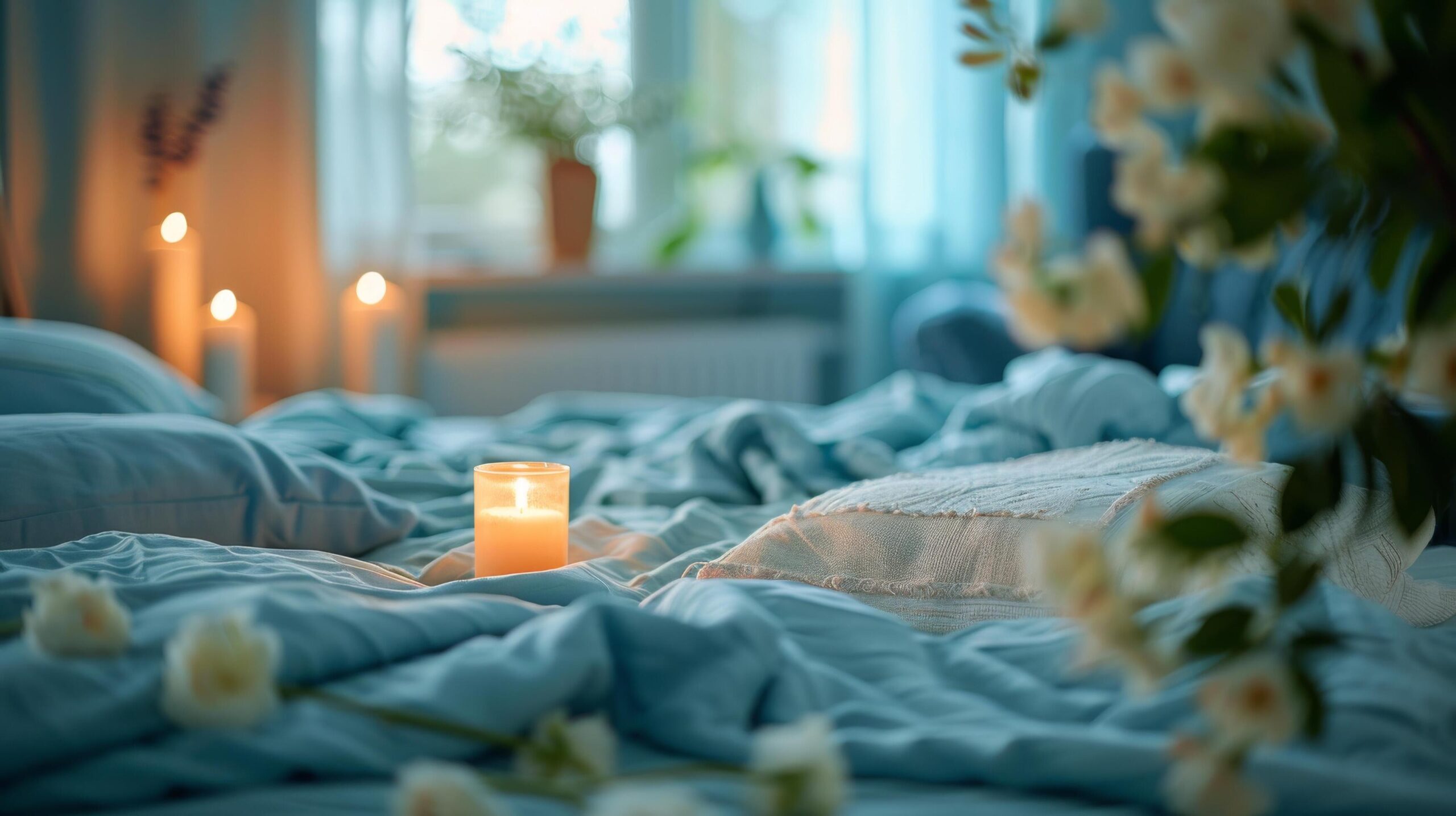 Ai-generated-bouquet-of-flowers-on-blue-bed-free-photo