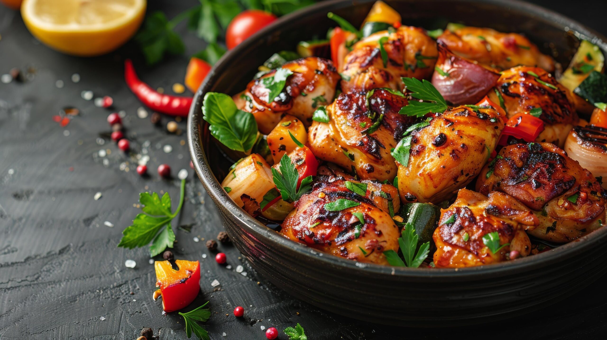 Ai-generated-bowl-of-chicken-with-tomatoes-and-herbs-free-photo