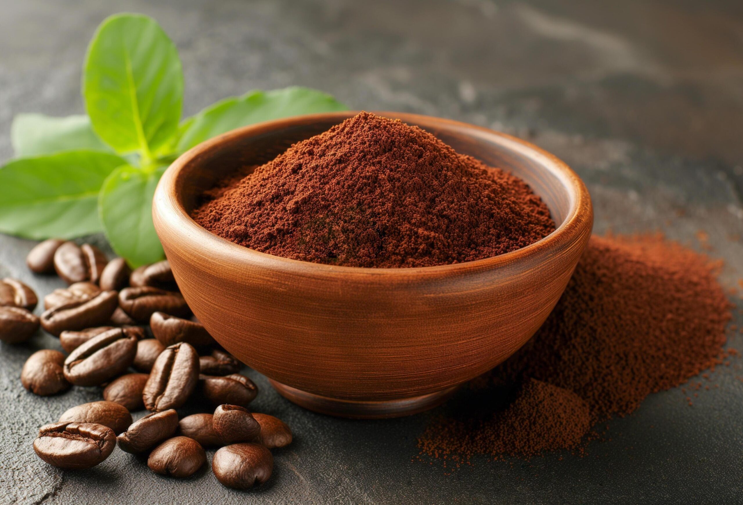 Ai-generated-bowl-with-ground-coffee-coffee-beans-and-mint-free-photo