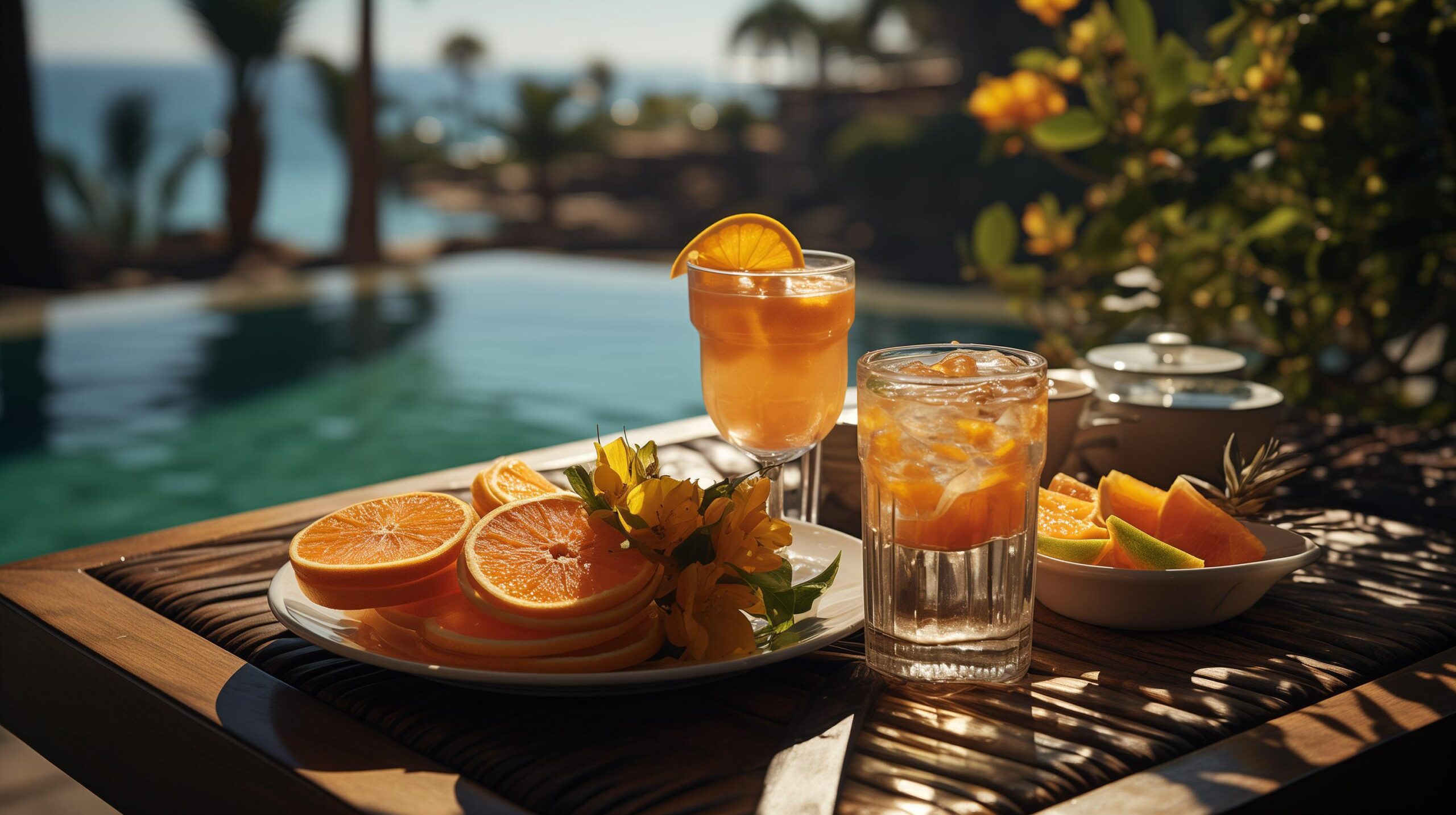 Ai-generated-breakfast-in-swimming-pool-floating-breakfast-in-luxurious-tropical-resort-table-relaxing-on-calm-pool-water-healthy-breakfast-and-fruit-plate-by-resort-pool-free-photo