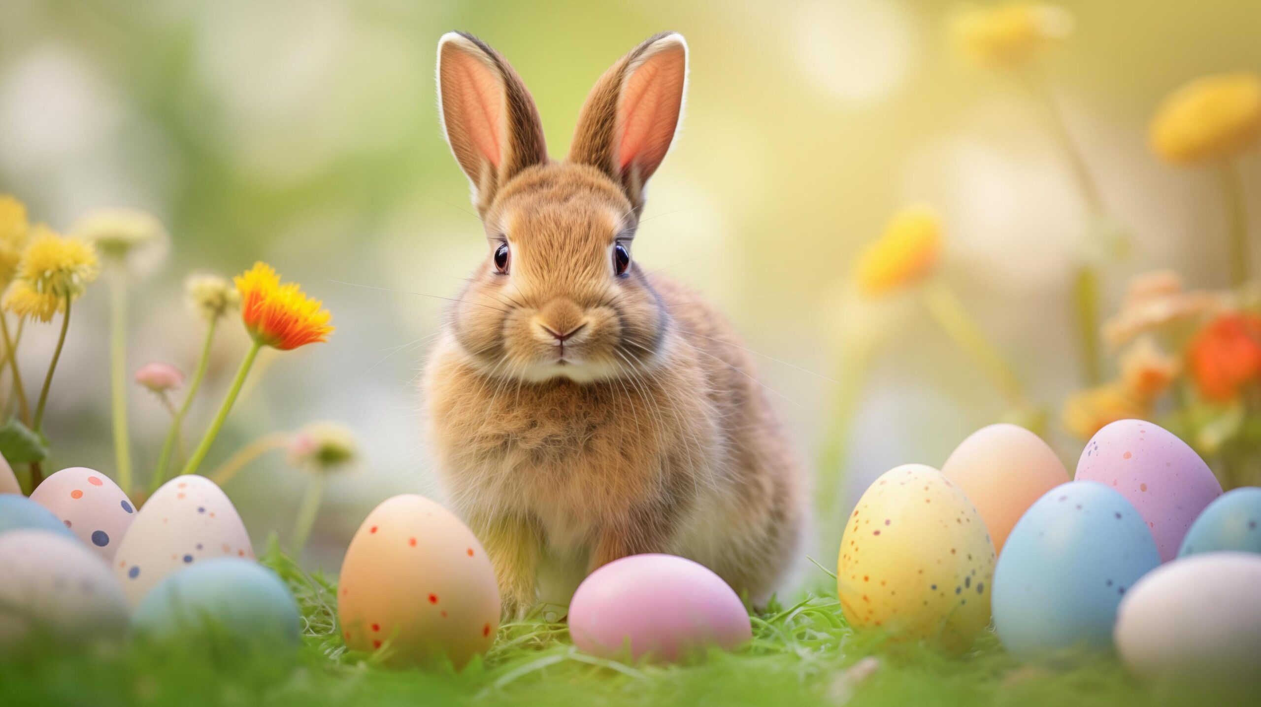 Ai-generated-brown-rabbit-with-colored-eggs-in-a-blurry-background-free-photo