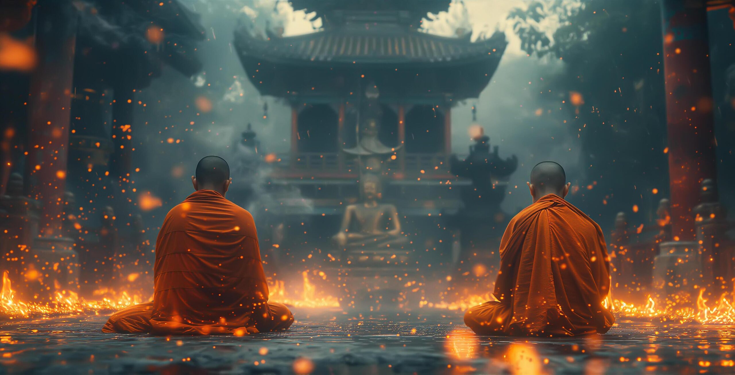 Ai-generated-buddhist-monks-engaging-near-serene-buddha-statue-generative-ai-free-photo