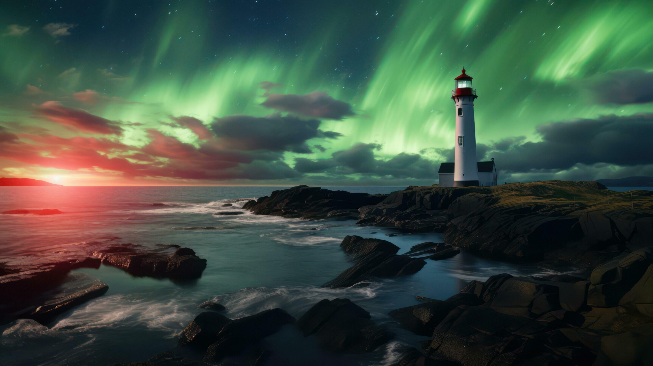 Ai-generated-burning-lighthouse-and-northern-lights-in-the-sky-generative-ai-free-photo