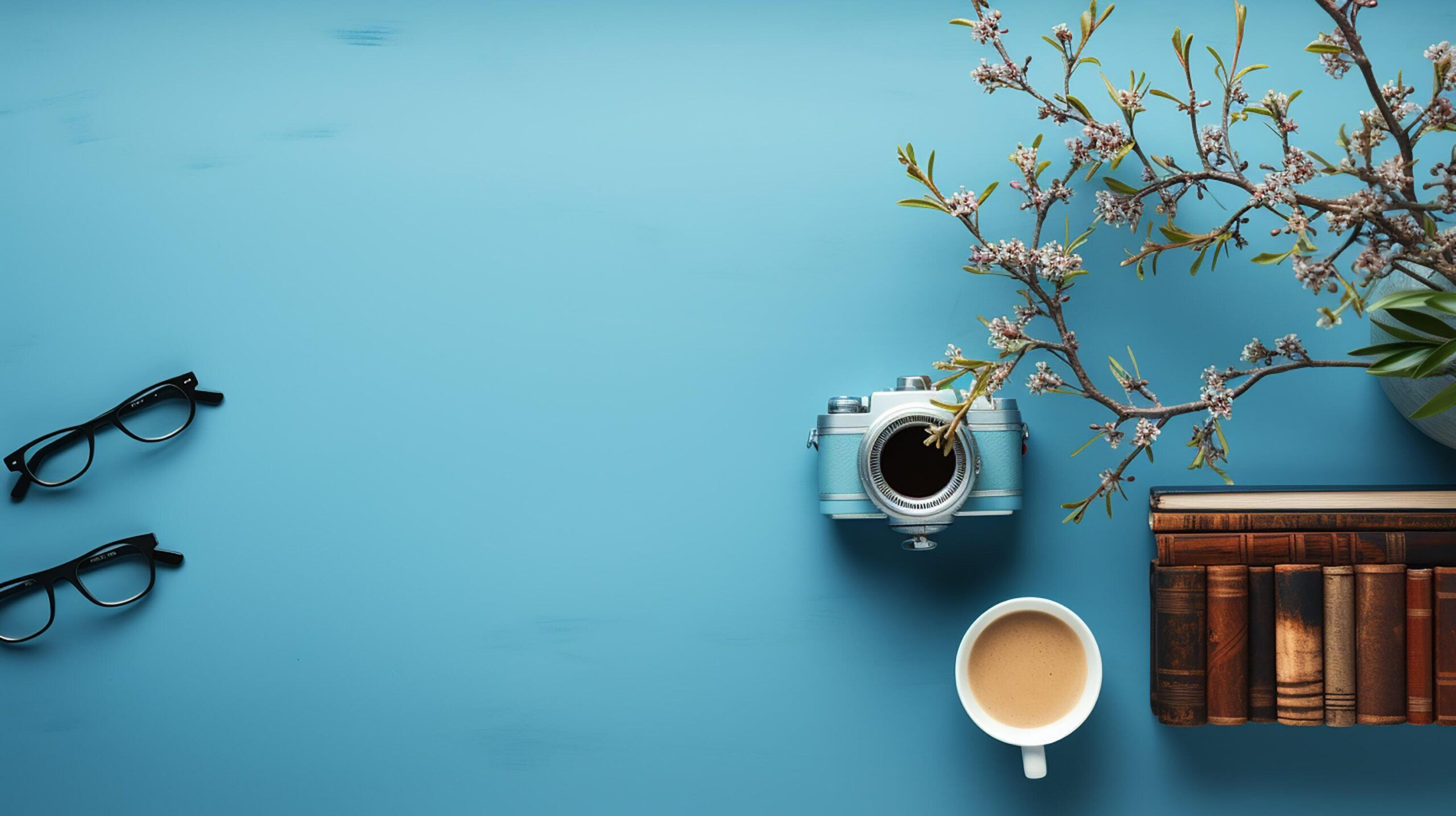 Ai-generated-business-concept-relaxation-in-working-time-drinking-coffee-taking-a-break-on-clean-light-blue-office-table-copy-space-flat-lay-top-view-free-photo