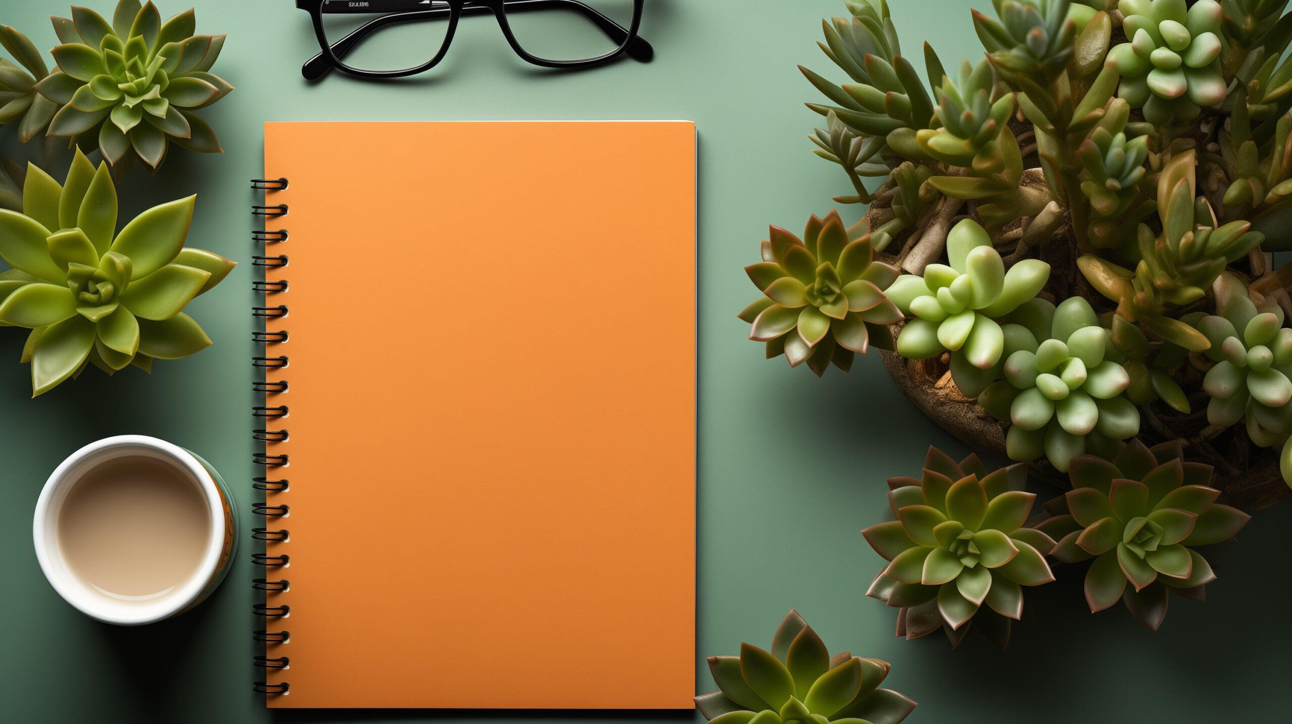 Ai-generated-business-concept-top-view-of-empty-notebook-laptop-cup-of-coffee-succulent-plant-ans-eyeglasses-over-light-desk-free-photo