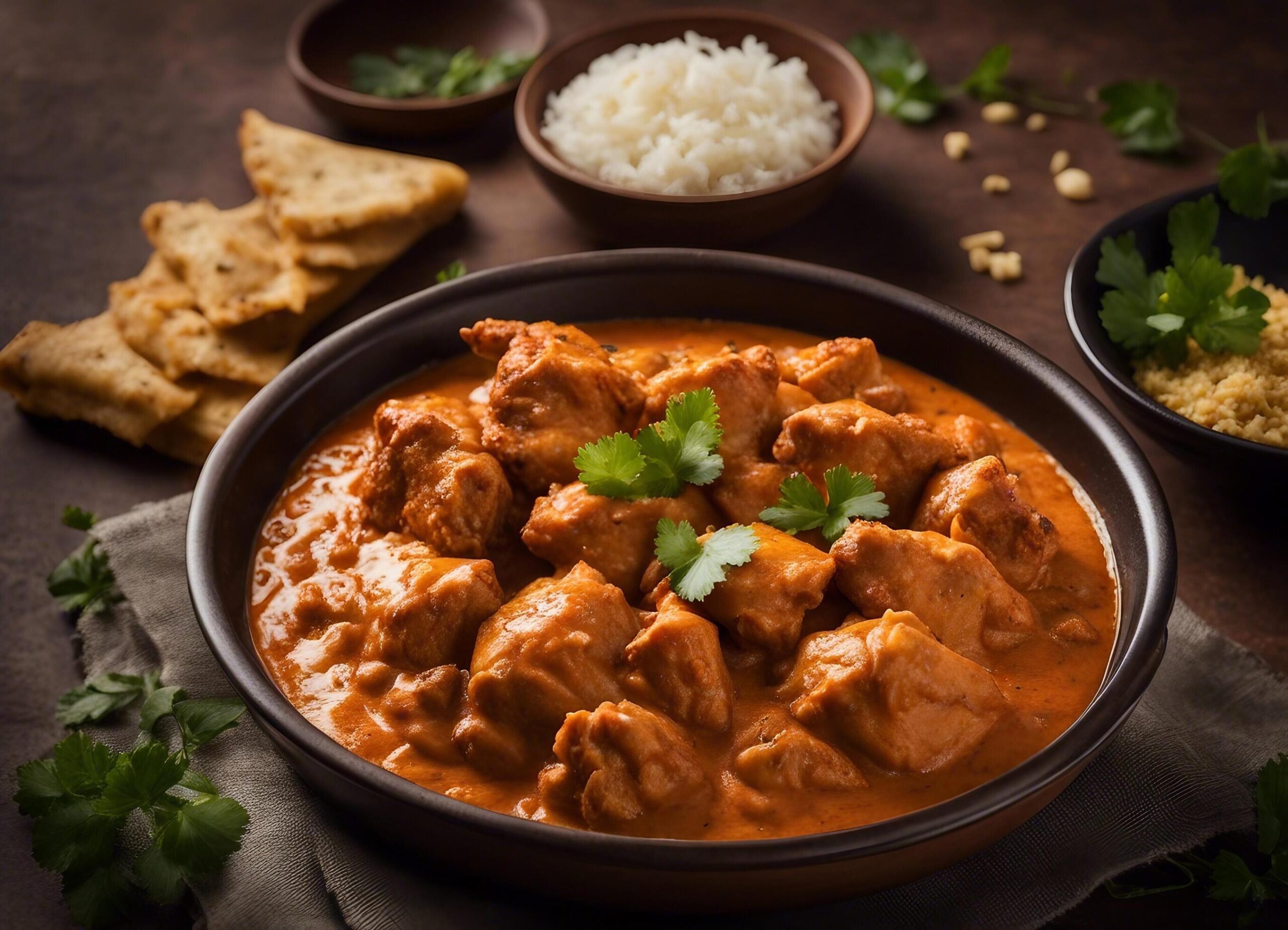Ai-generated-butter-chicken-in-clay-bowl-with-rice-and-garnishes-free-photo