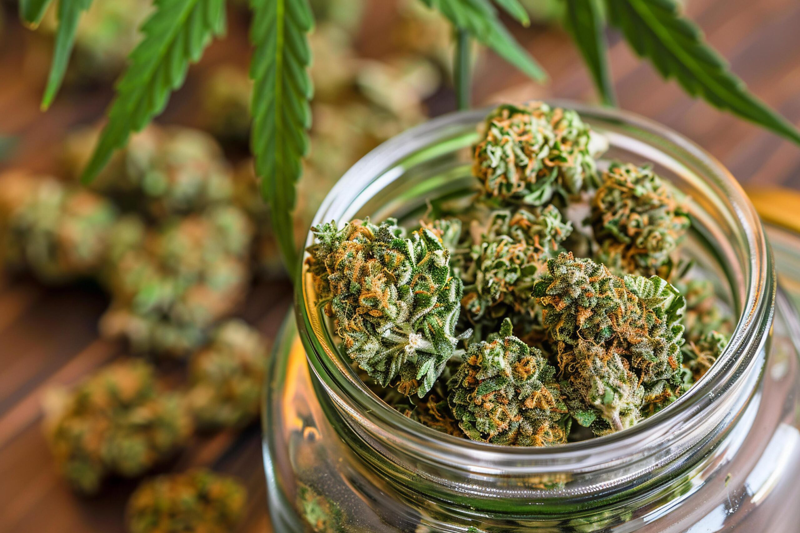 Ai-generated-cannabis-buds-in-jar-closeup-with-fresh-leaves-free-photo