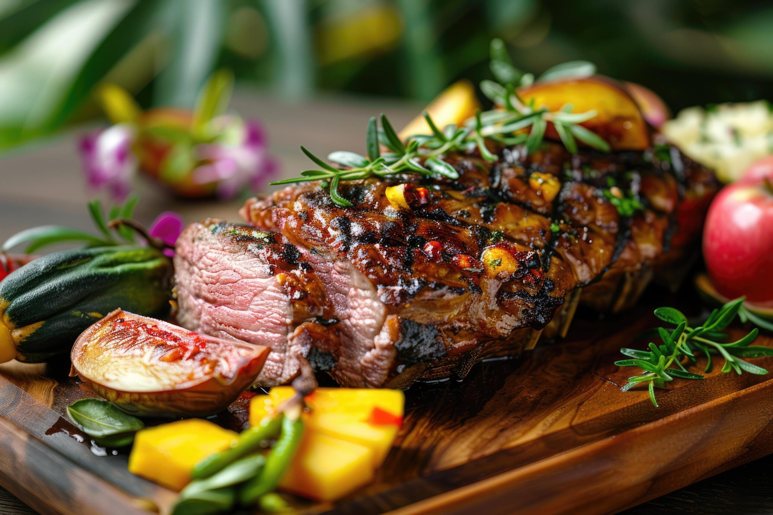 Ai-generated-caribbean-roast-meat-with-tropical-fruits-tropical-leaves-and-flowers-space-for-text-free-photo