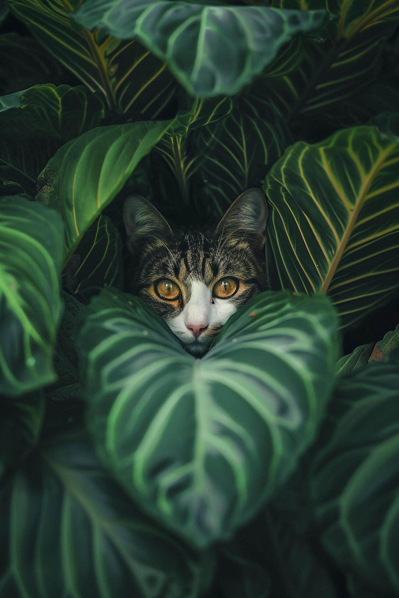 Ai-generated-cat-peering-through-large-vibrant-dark-green-leaves-ai-generated-free-photo