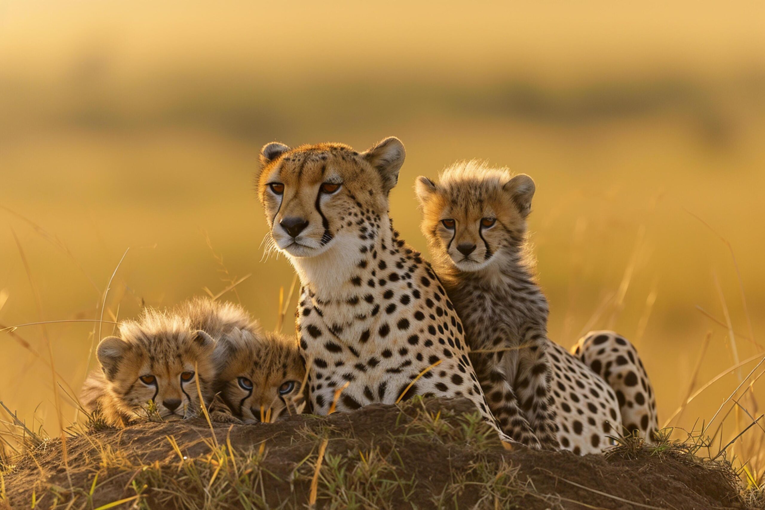 Ai-generated-cheetah-with-her-cubs-resting-on-a-mound-in-the-wild-bathed-in-the-golden-light-of-the-rising-sun-ai-generated-free-photo