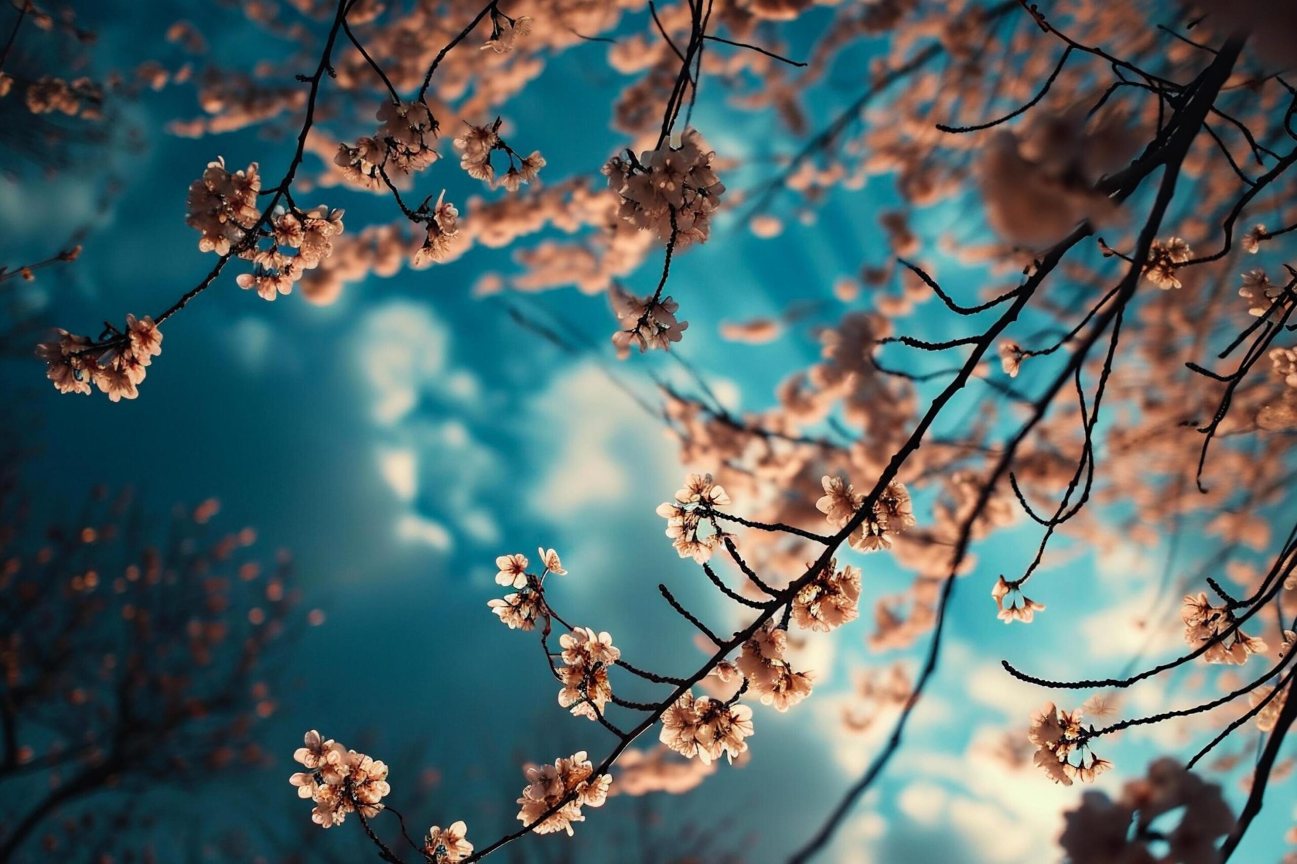 Ai-generated-cherry-blossom-in-springtime-on-blue-sky-background-vintage-effect-free-photo
