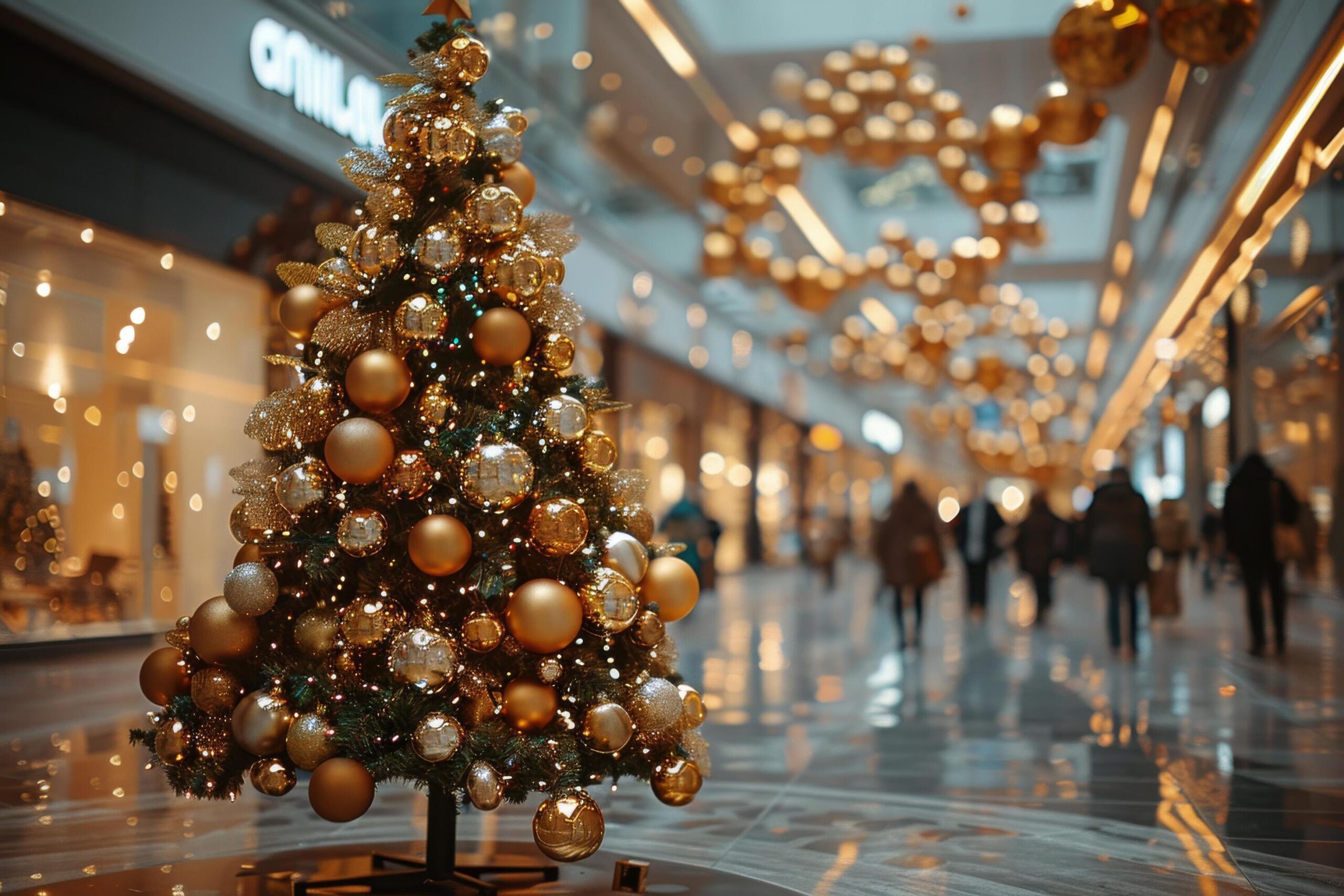 Ai-generated-christmas-tree-in-mall-with-people-walking-around-free-photo