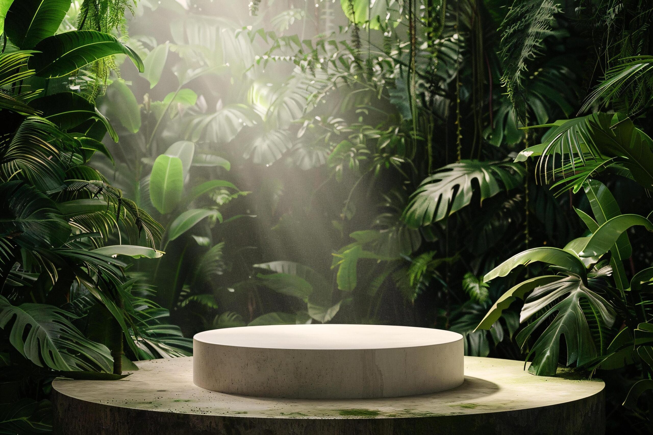 Ai-generated-circular-product-podium-presentation-with-jungle-tropical-plants-background-free-photo