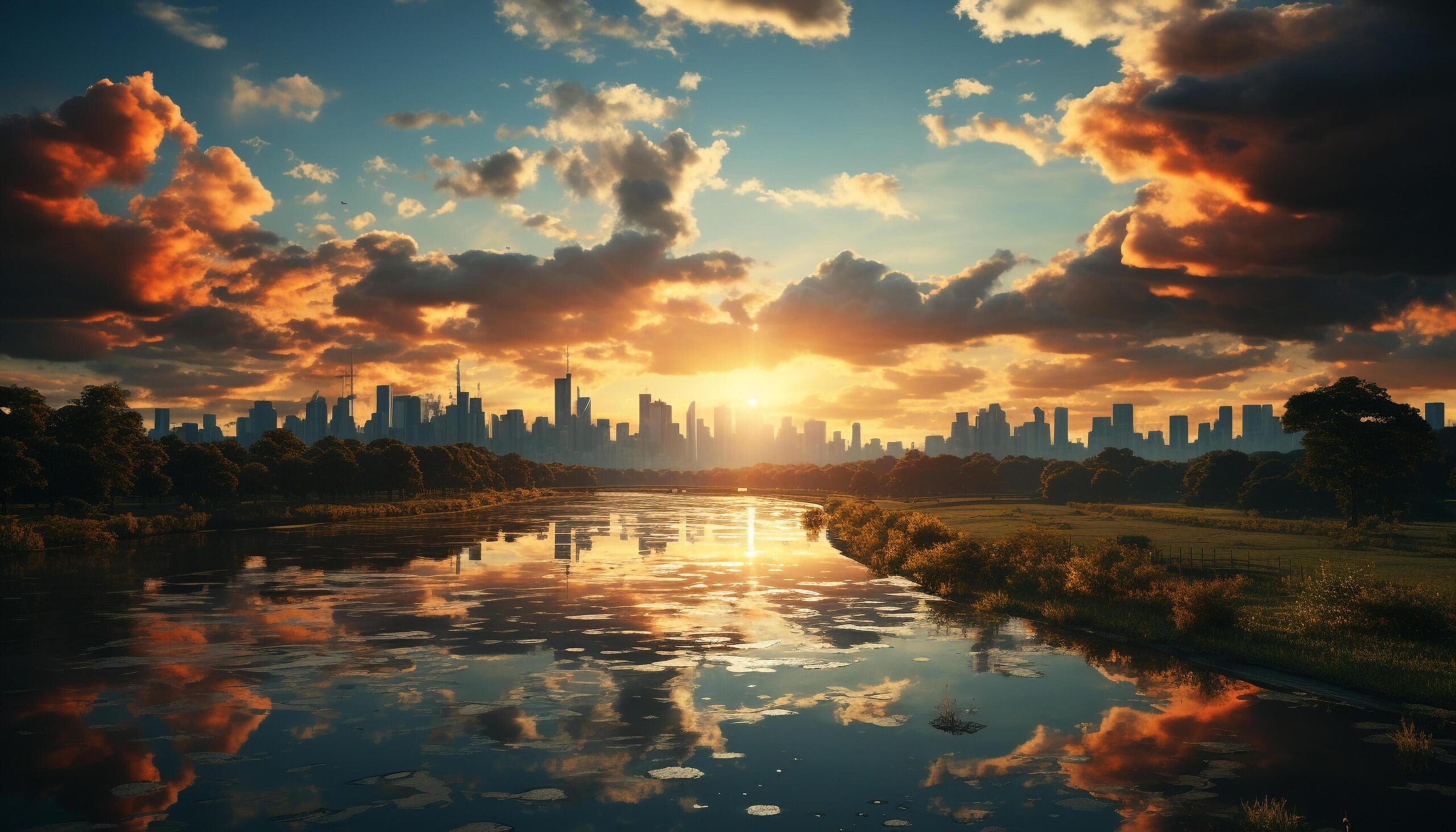 Ai-generated-cityscape-at-sunset-skyscrapers-reflect-urban-skyline-in-dusk-generated-by-ai-free-photo