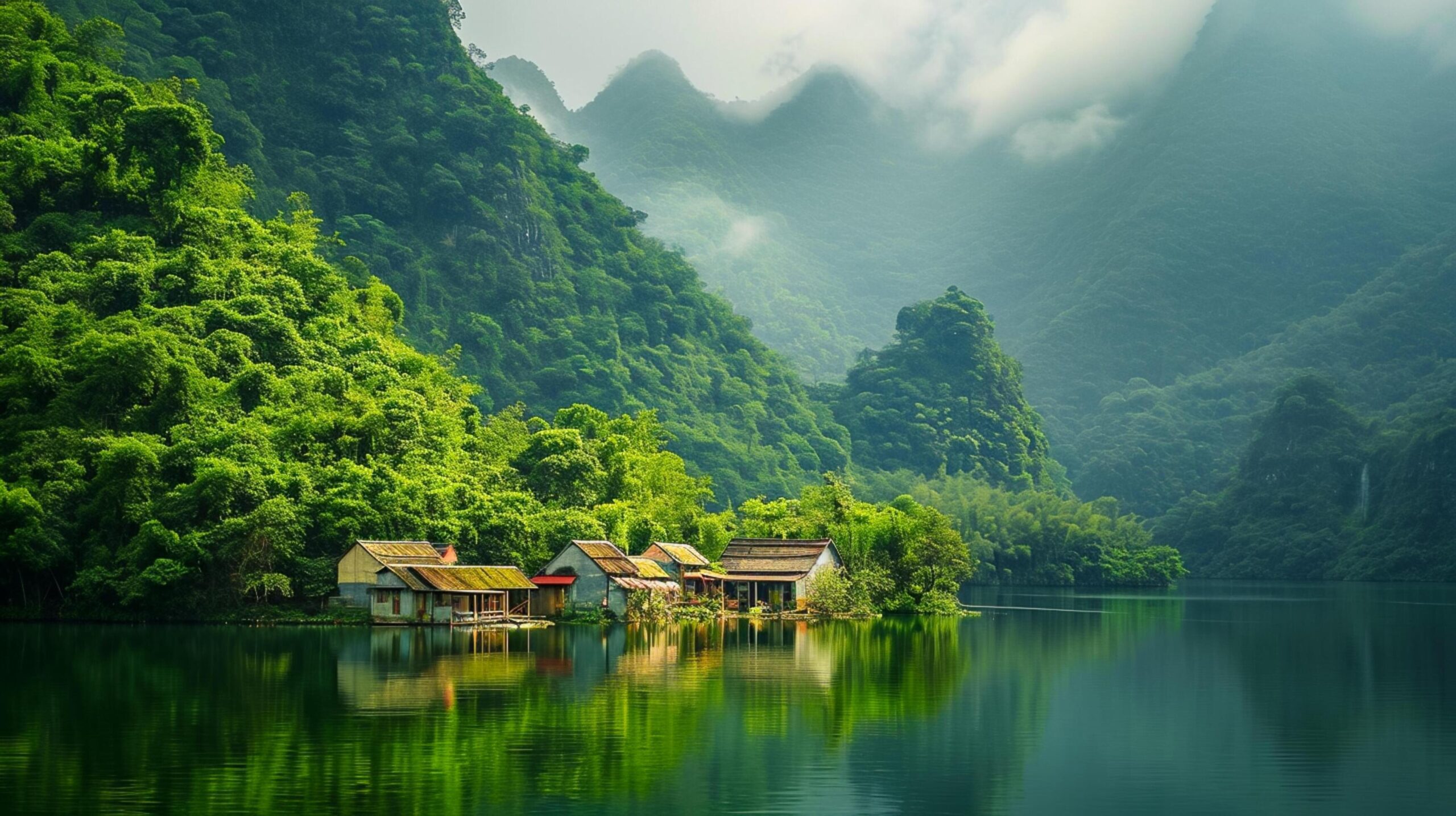 Ai-generated-clear-lake-with-the-village-surrounded-with-forest-ai-generated-free-photo