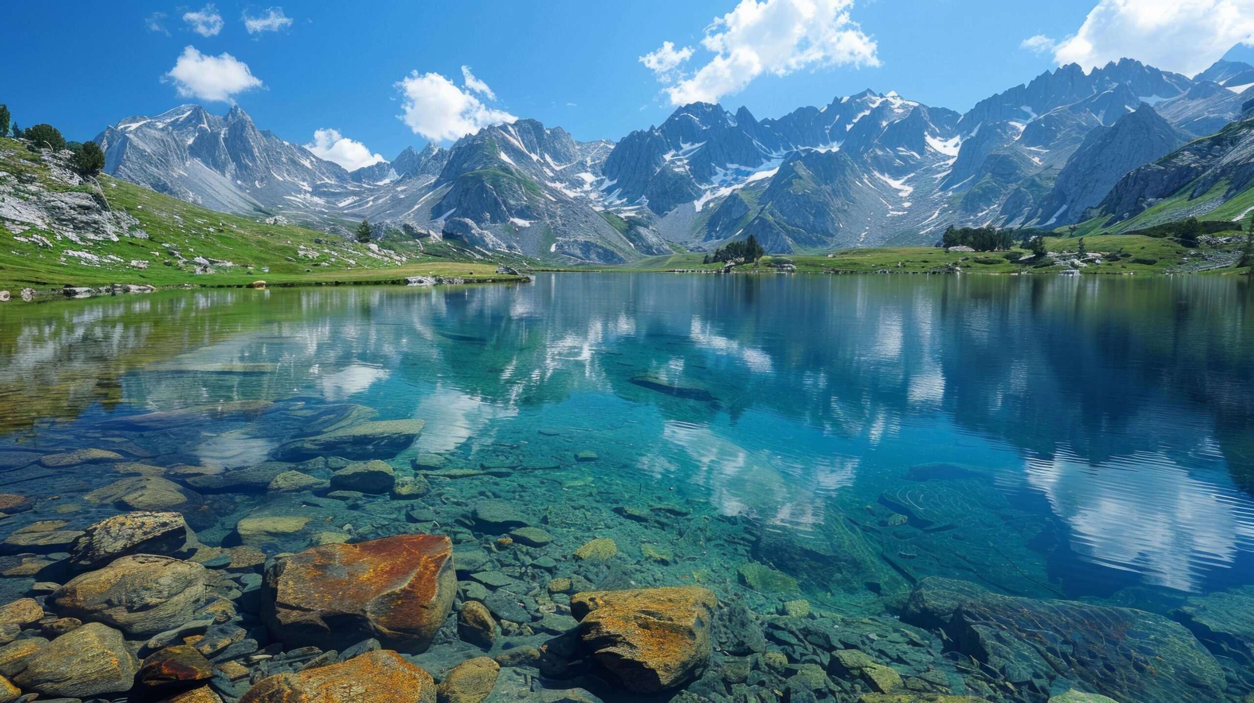 Ai-generated-clear-mountain-lake-surrounded-by-green-mountains-free-photo