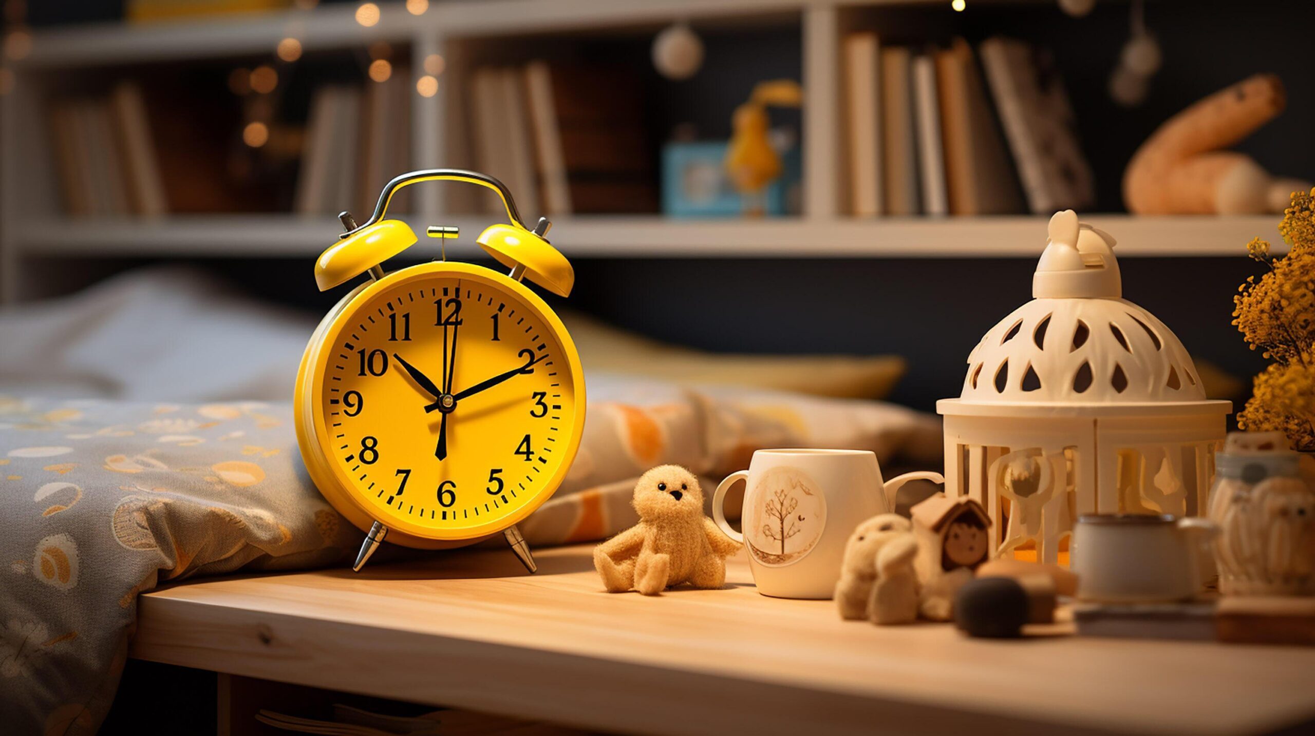 Ai-generated-close-up-children-s-desk-with-reading-book-pencil-alarm-clock-with-copy-space-free-photo