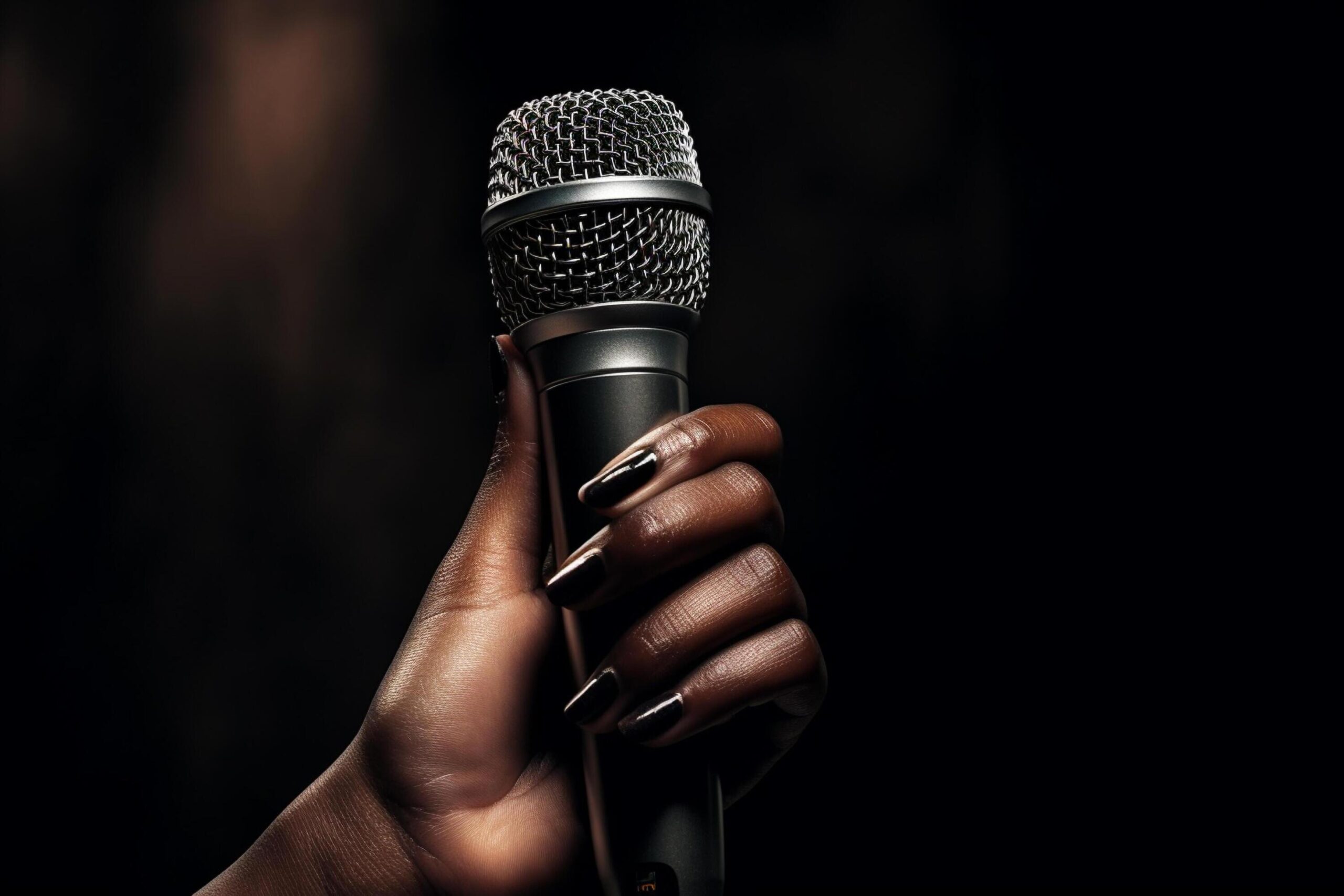Ai-generated-close-up-of-hand-holding-microphone-bokeh-style-background-with-generative-ai-free-photo