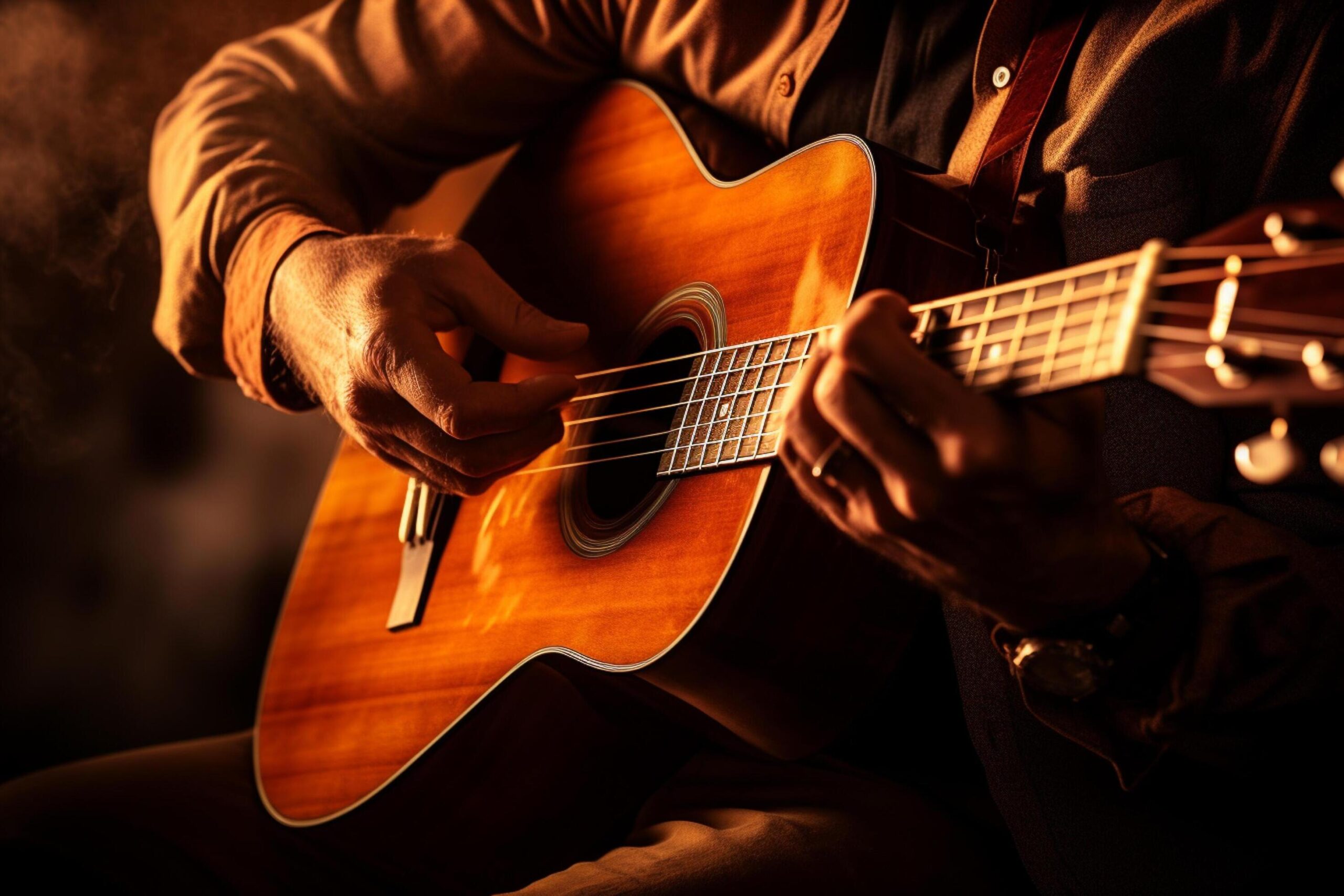 Ai-generated-close-up-of-hand-playing-acoustic-guitar-bokeh-style-background-free-photo