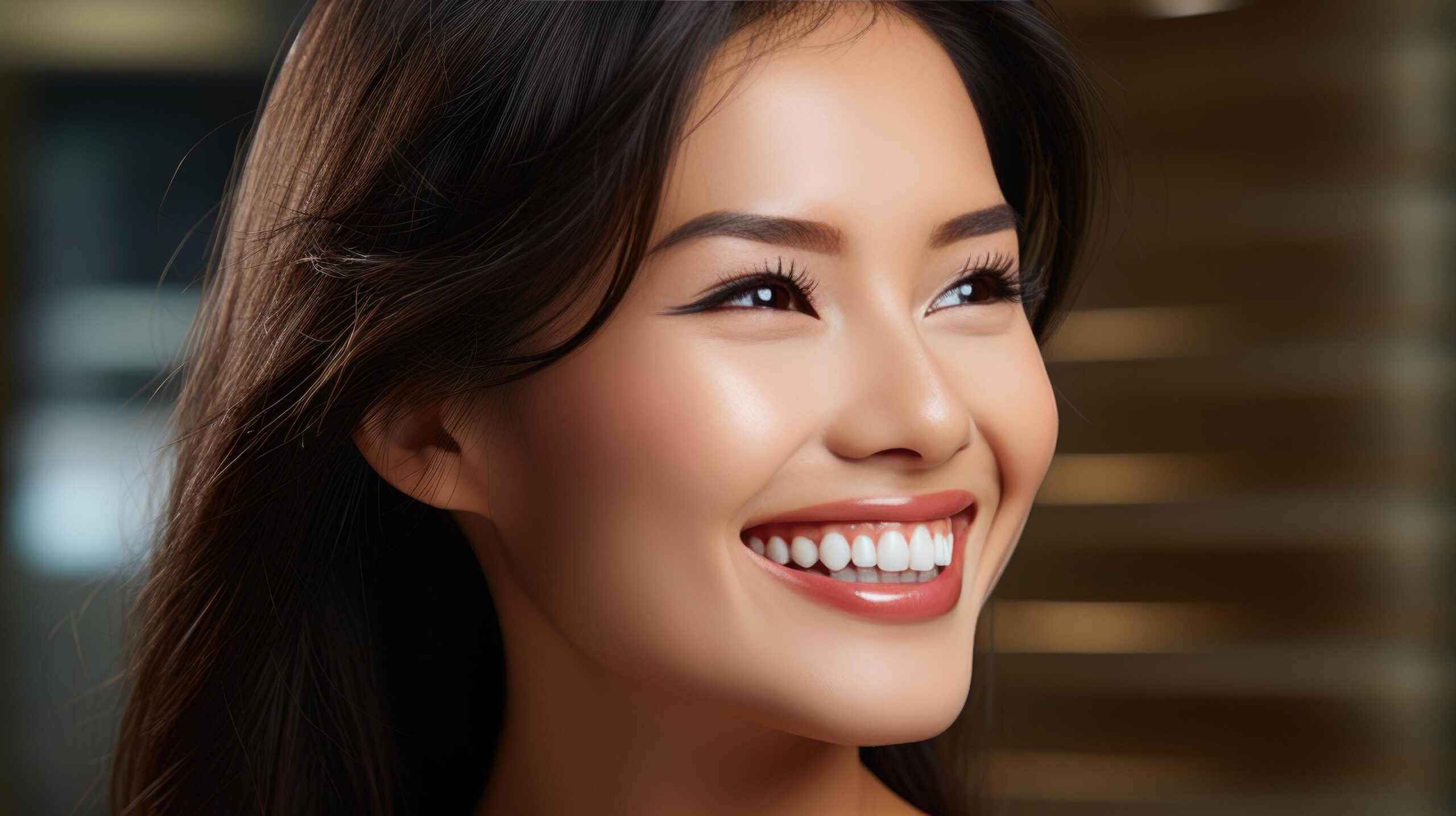Ai-generated-close-up-of-young-woman-smiling-with-perfect-white-teeth-free-photo