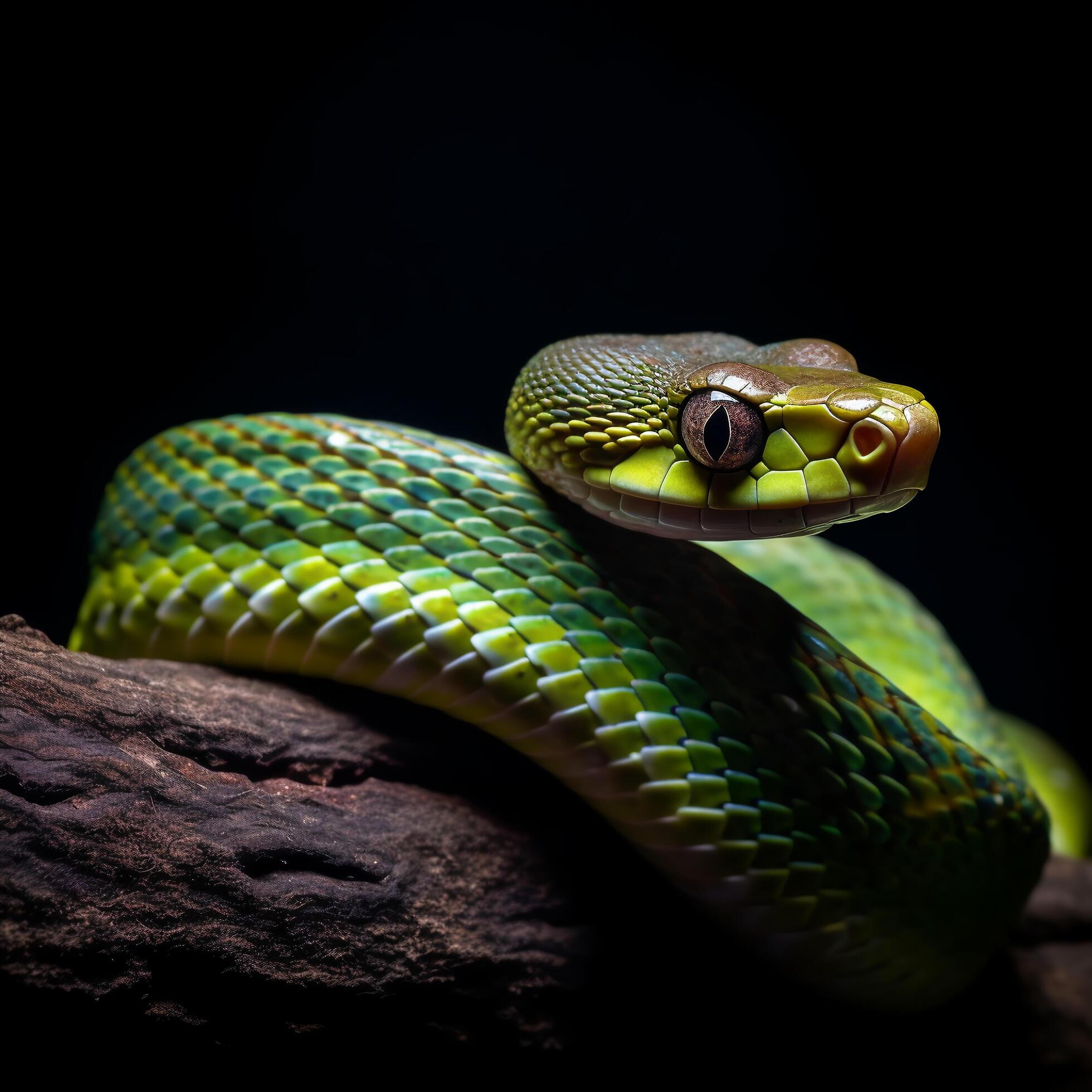 Ai-generated-close-up-portrait-of-green-snake-on-black-background-generative-ai-free-photo